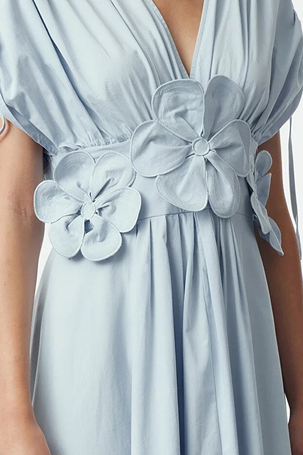 Floral Applique Detail V-Neck Gathered Maxi Woven Dress