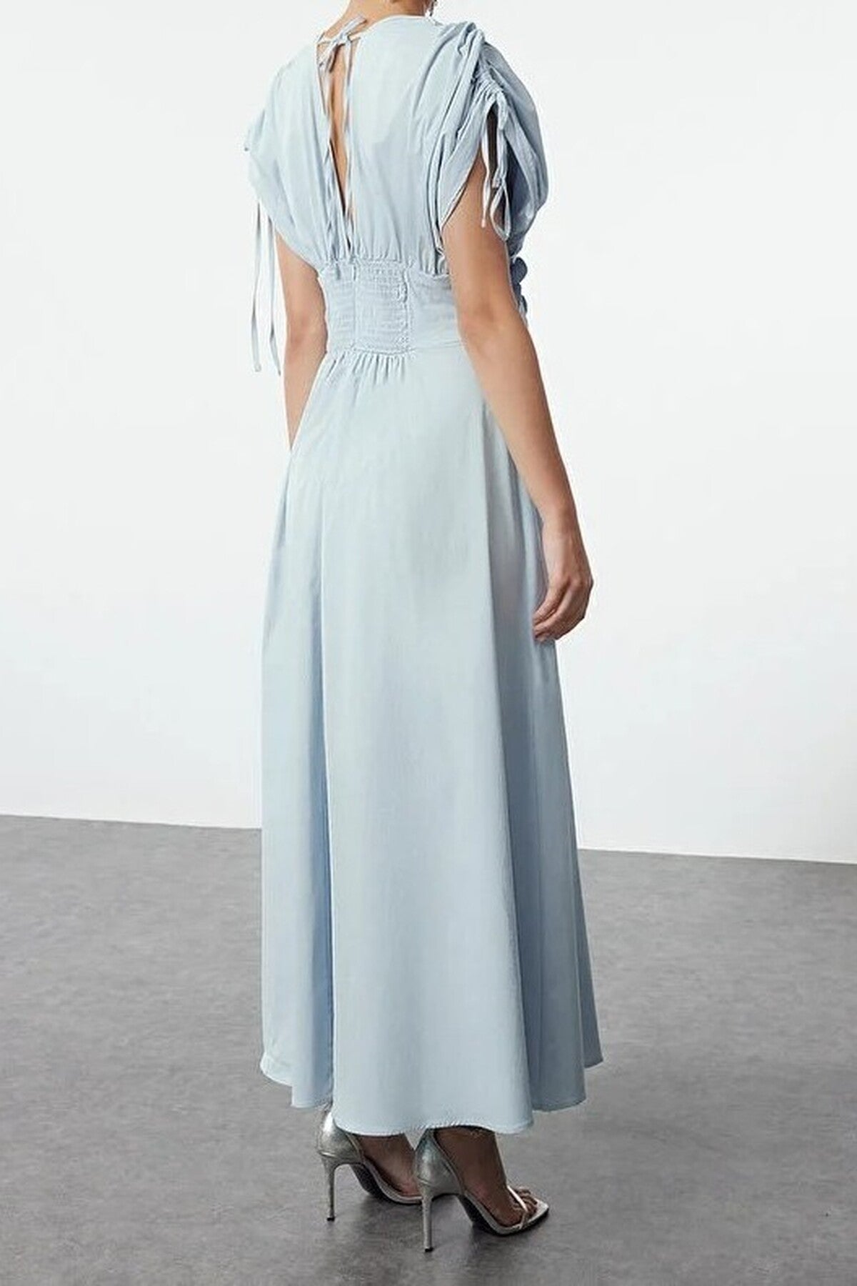 Floral Applique Detail V-Neck Gathered Maxi Woven Dress