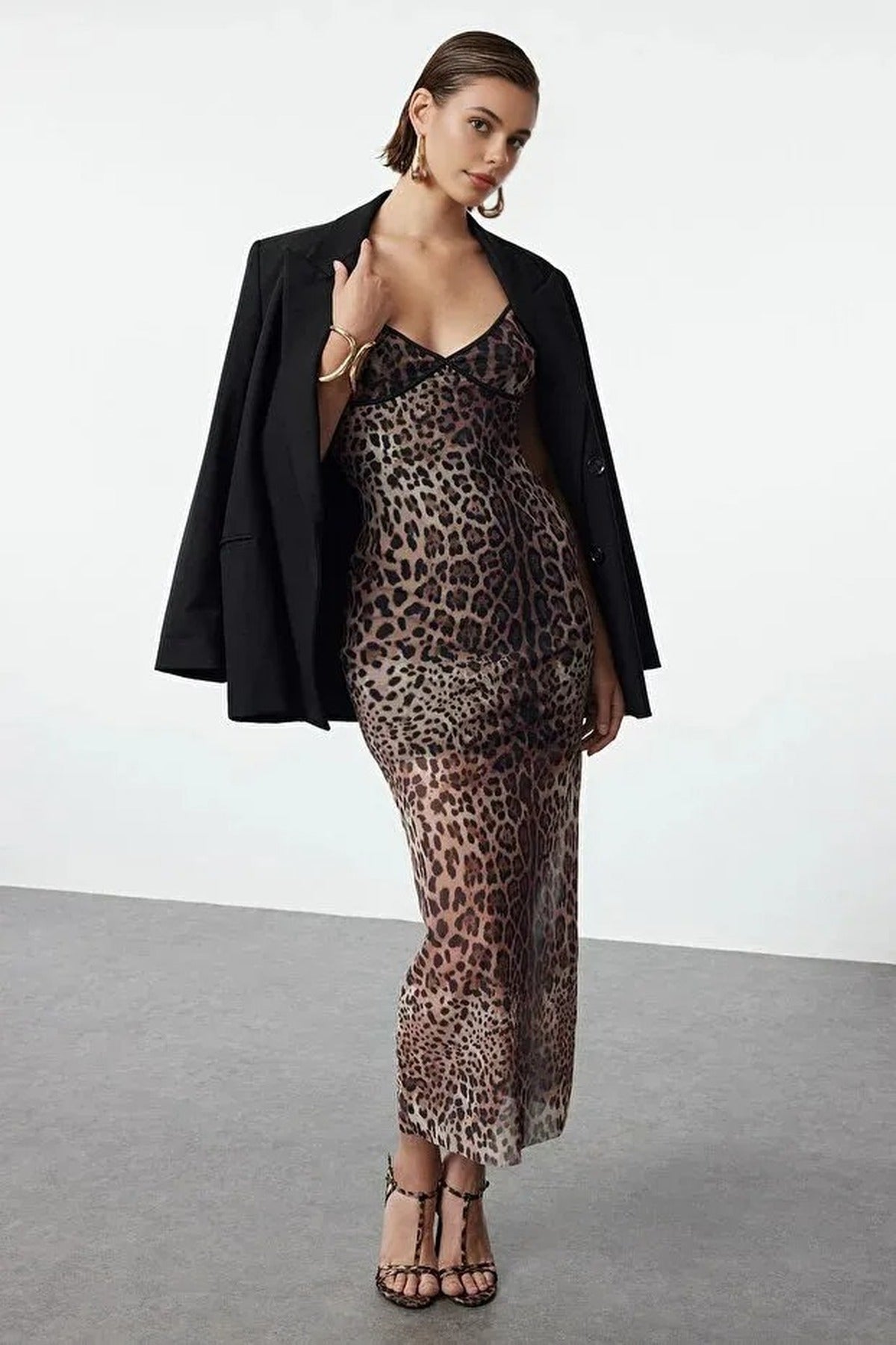 Fitted Leopard Print Tulle Woven Dress