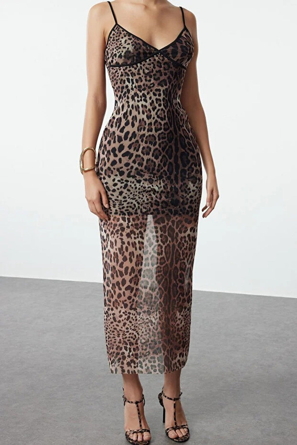 Fitted Leopard Print Tulle Woven Dress