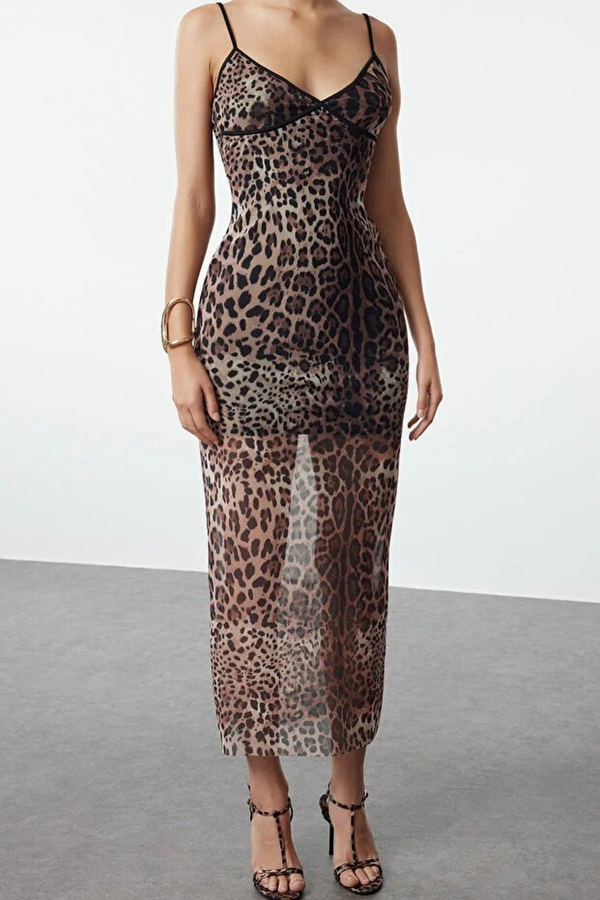 Fitted Leopard Print Tulle Woven Dress