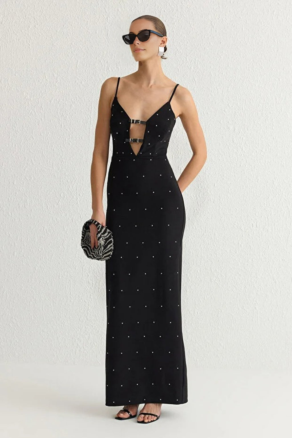 Shiny Stone Embellished Belt Accessory Detail Woven Long Evening Dress