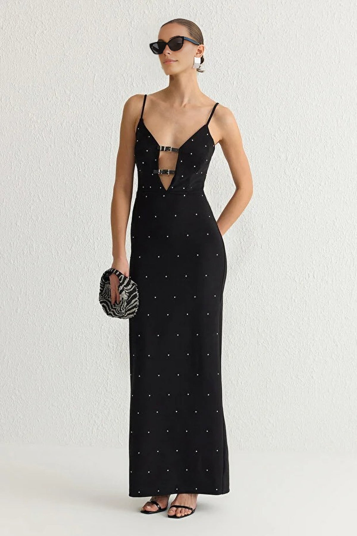 Shiny Stone Embellished Belt Accessory Detail Woven Long Evening Dress