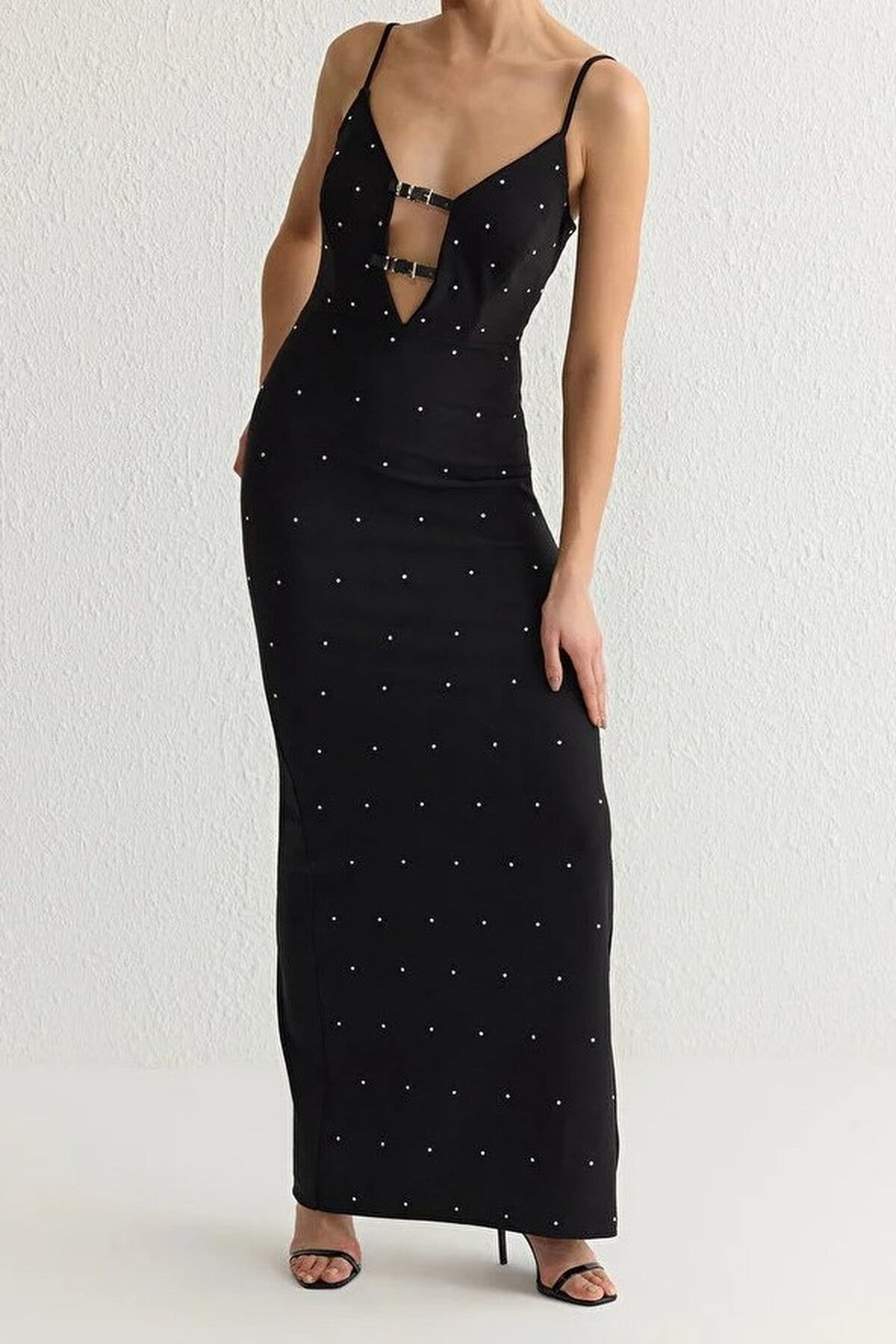 Shiny Stone Embellished Belt Accessory Detail Woven Long Evening Dress