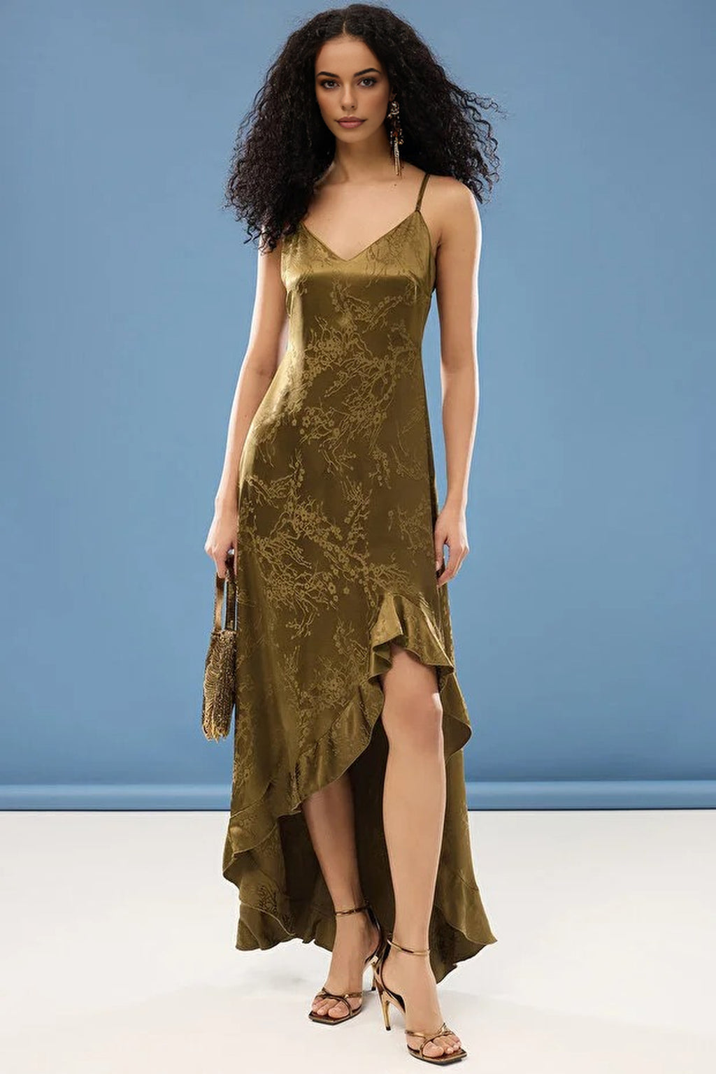 A-Line V-Neck Satin Woven Long Elegant Evening Dress