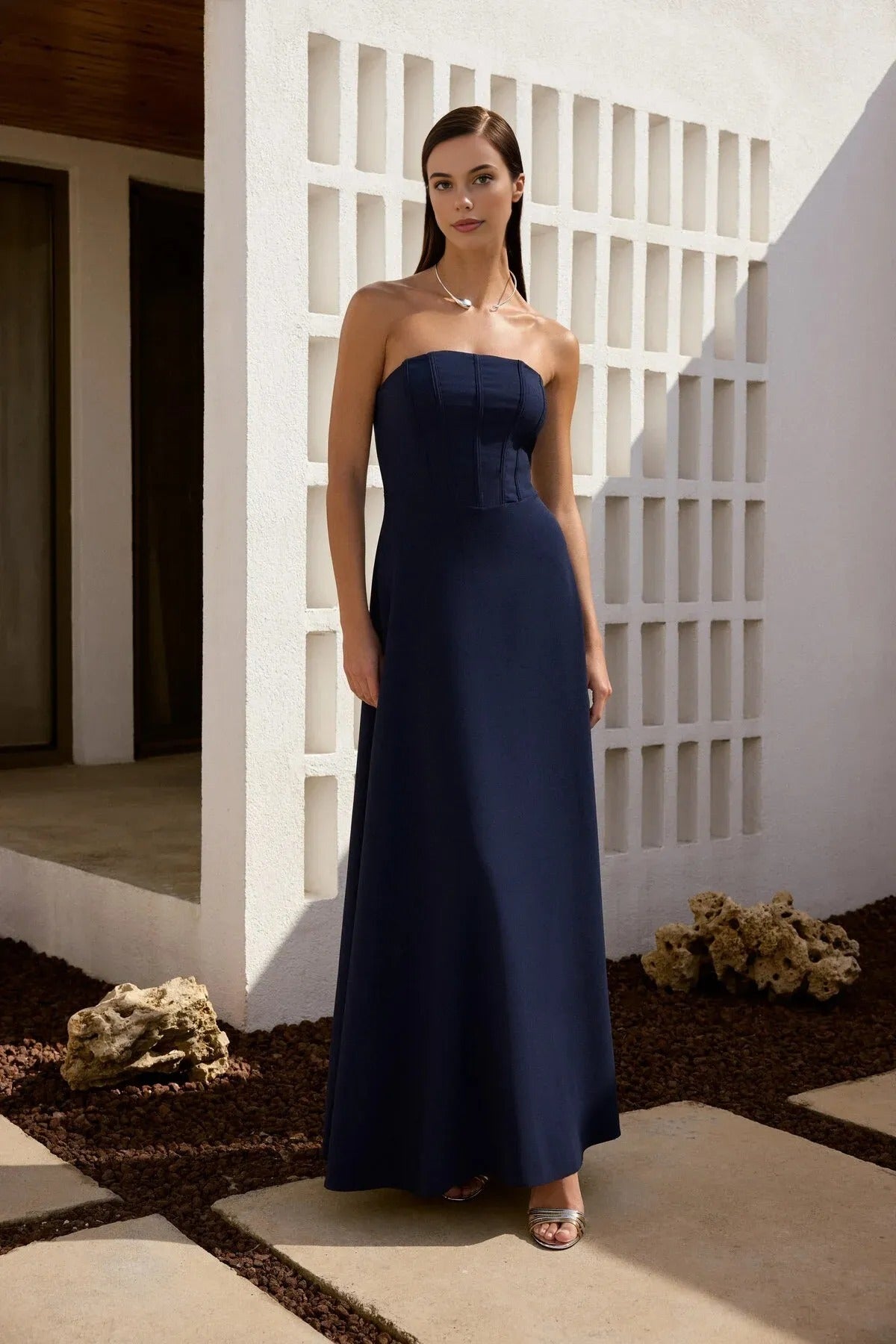 A-Line Strapless Woven Long Dress