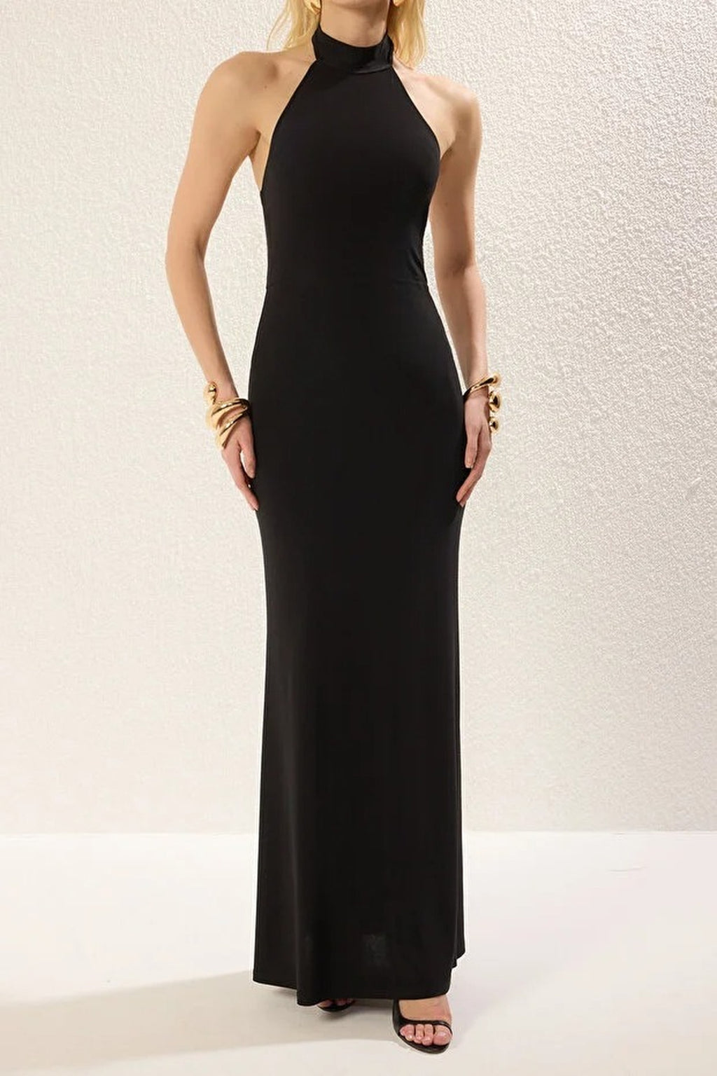 Halter Neck Buckle Detail Maxi Evening Dress