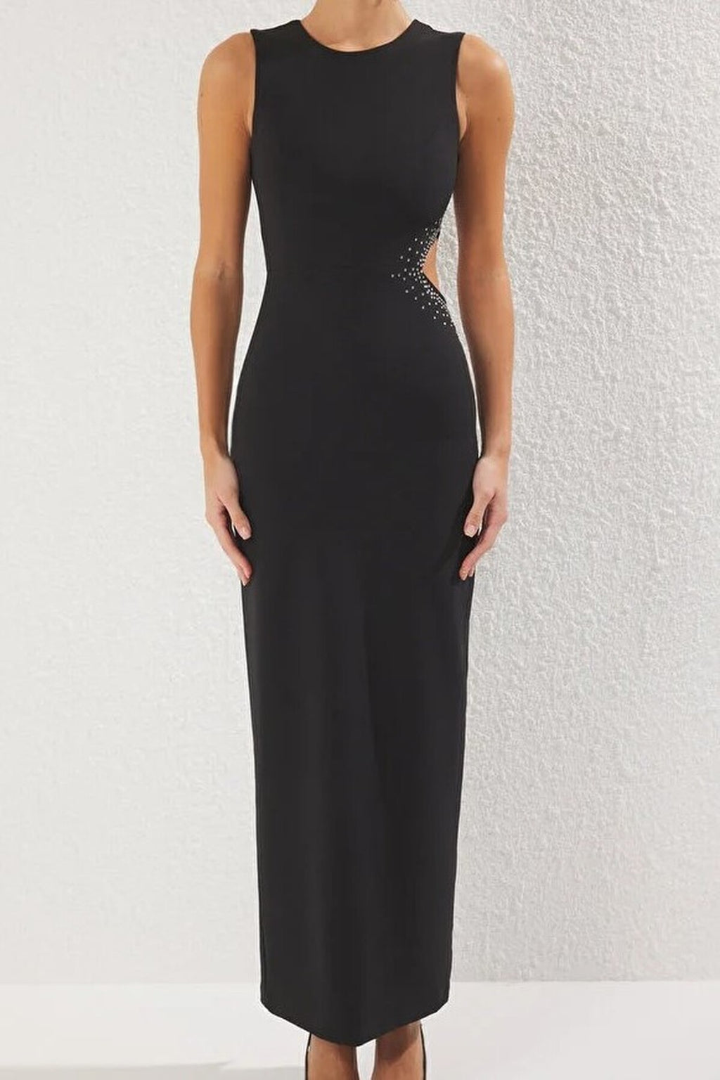 Stone Print Woven Long Evening Dress with Cut Out Detail