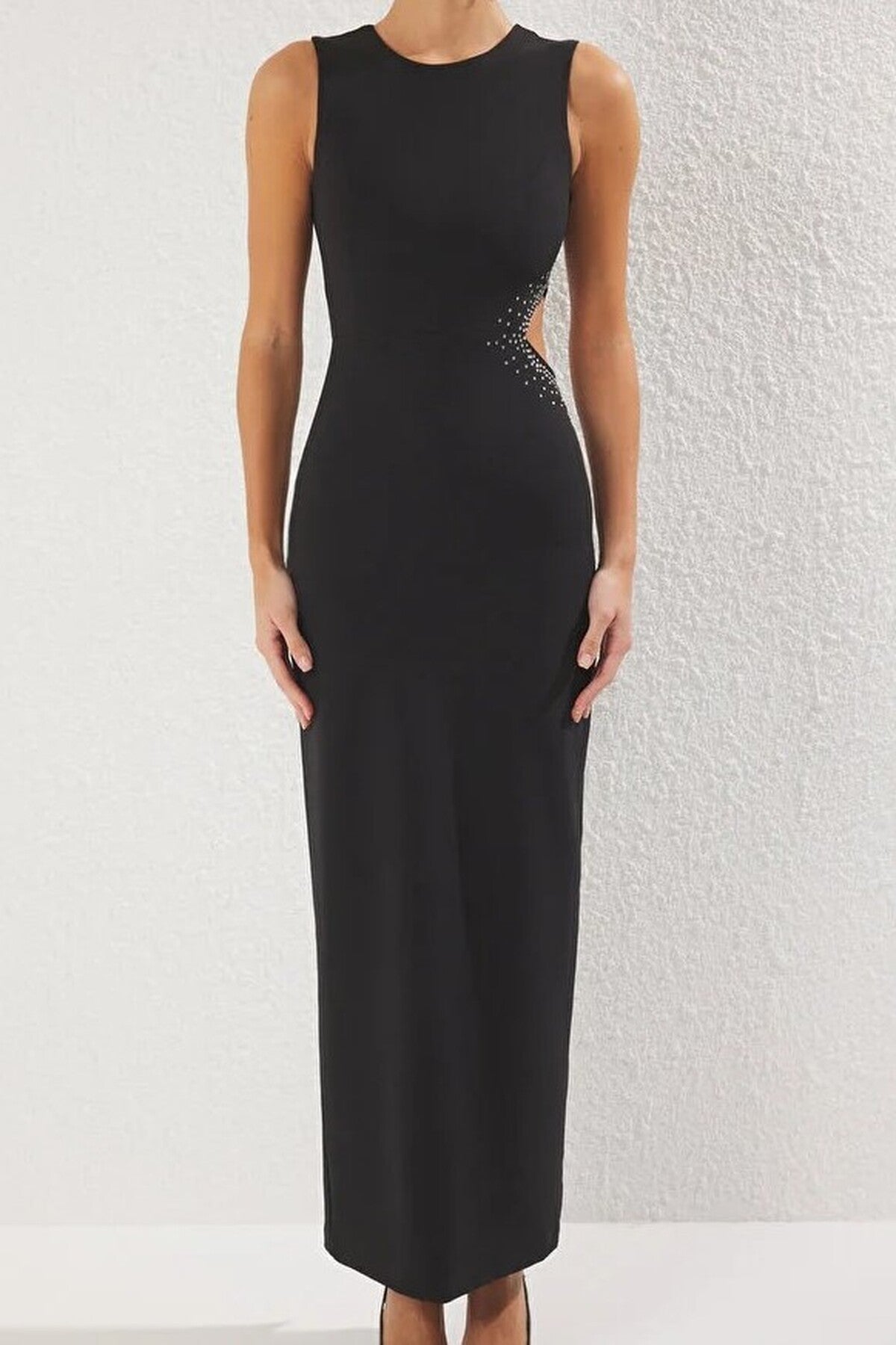 Stone Print Woven Long Evening Dress with Cut Out Detail