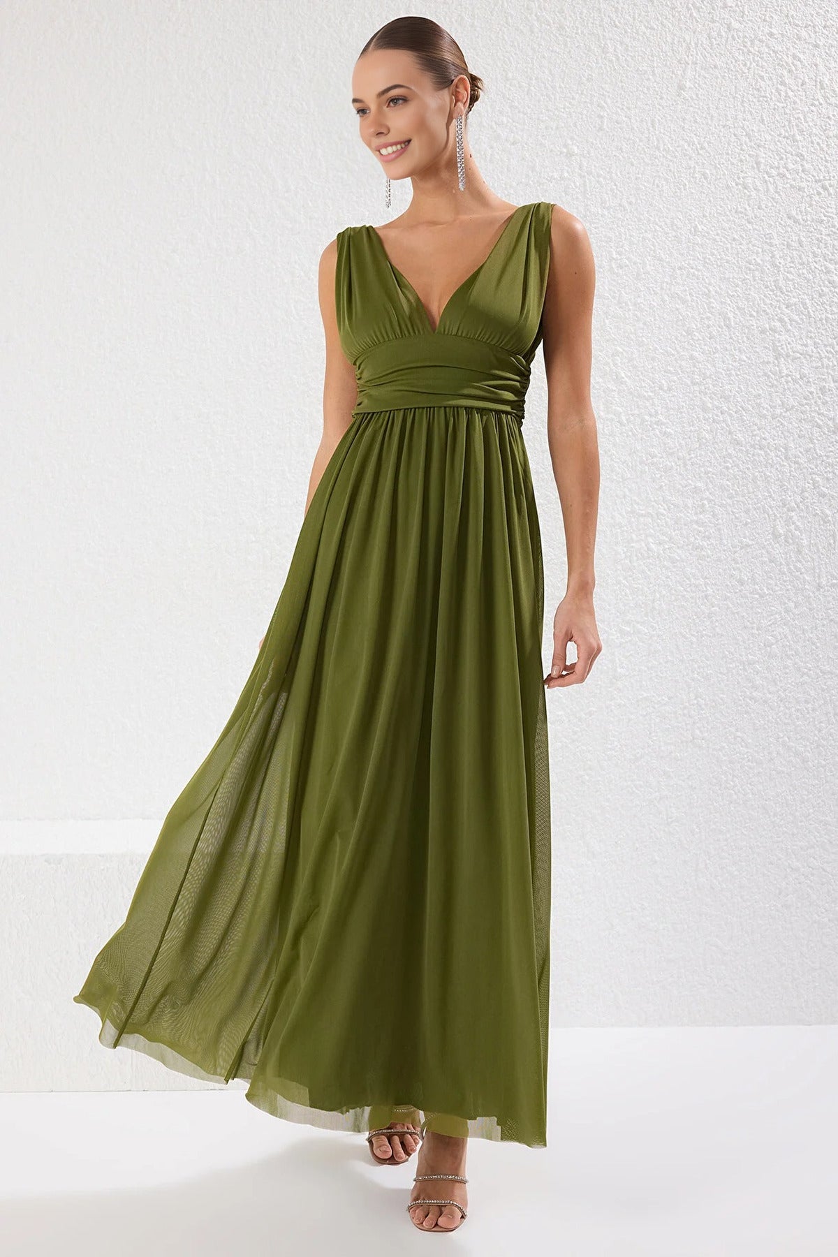 A-Line V-Neck Flowy Tulle Knit Long Elegant Evening Dress