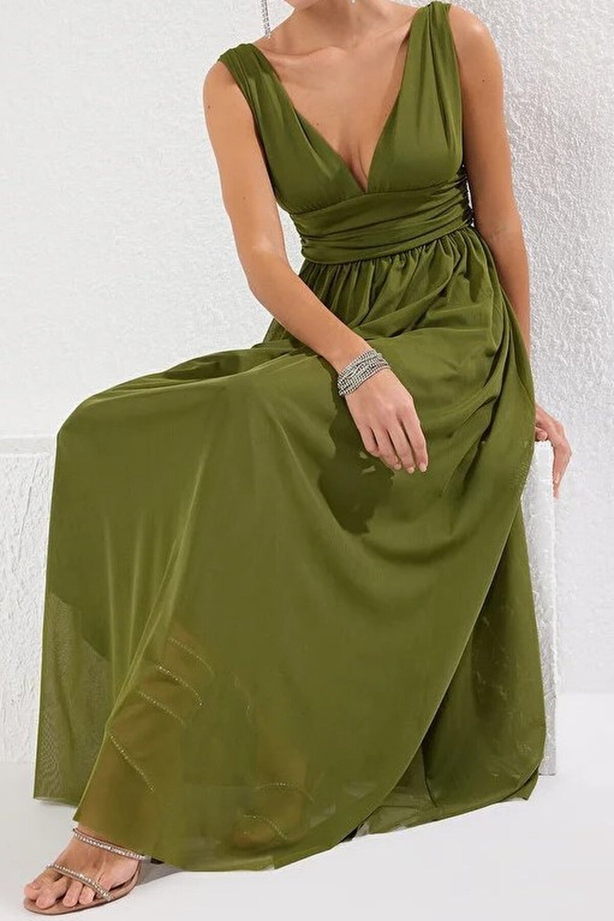 A-Line V-Neck Flowy Tulle Knit Long Elegant Evening Dress