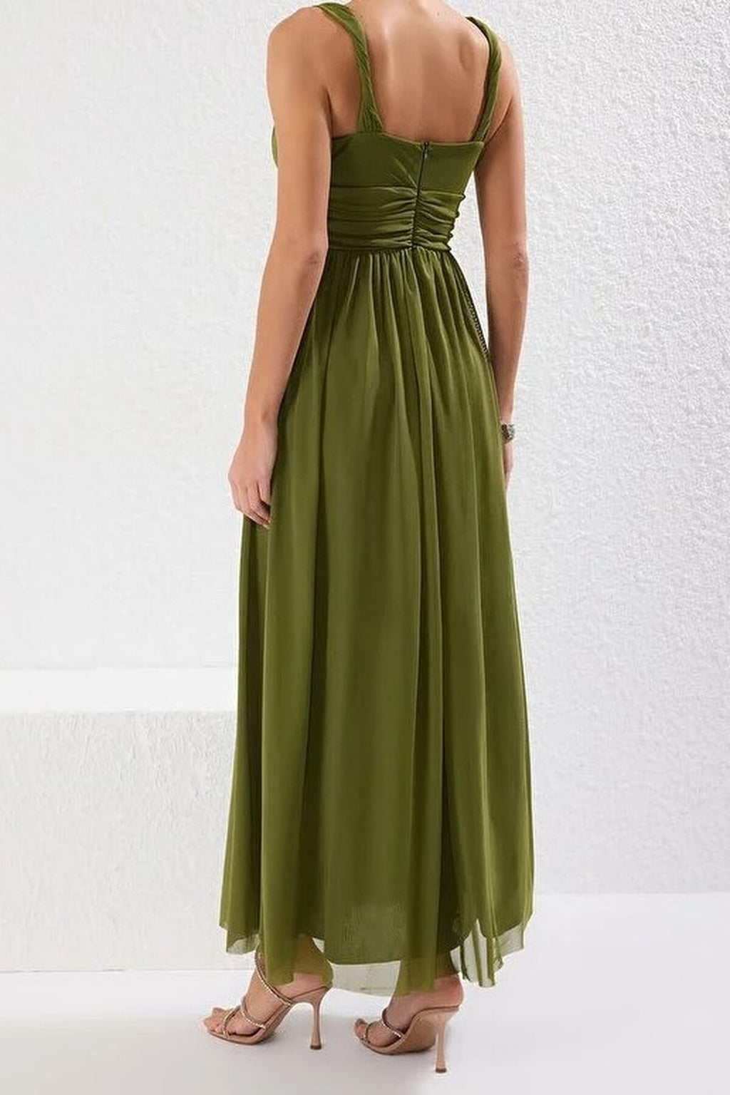 A-Line V-Neck Flowy Tulle Knit Long Elegant Evening Dress