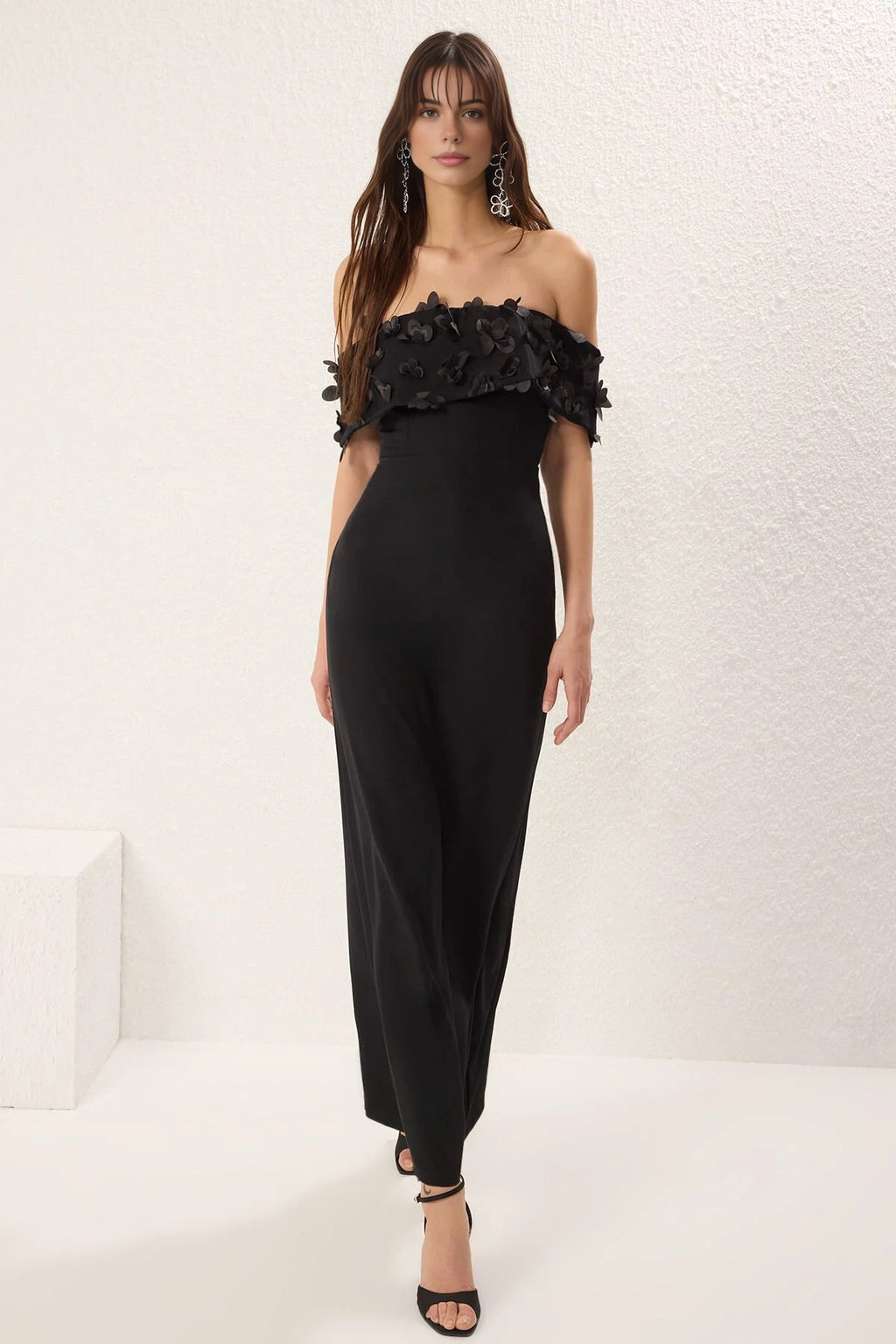 Carmen Collar Woven Long Dress with Floral Applique Detail