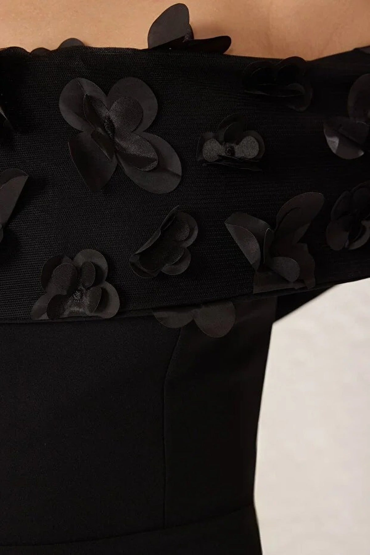 Carmen Collar Woven Long Dress with Floral Applique Detail