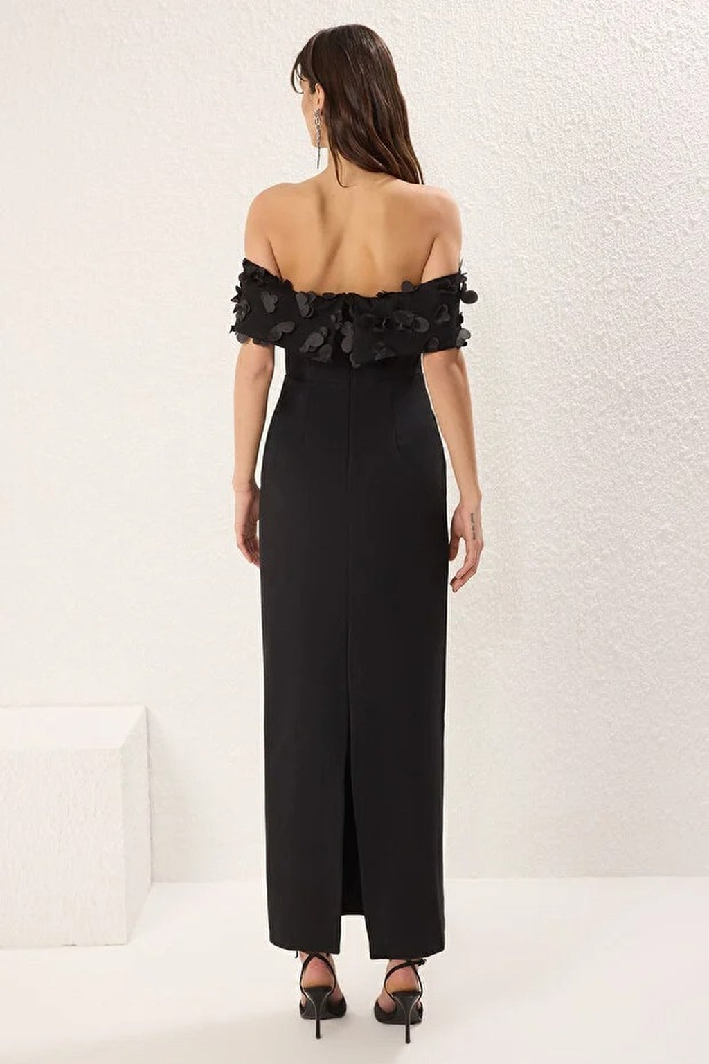 Carmen Collar Woven Long Dress with Floral Applique Detail