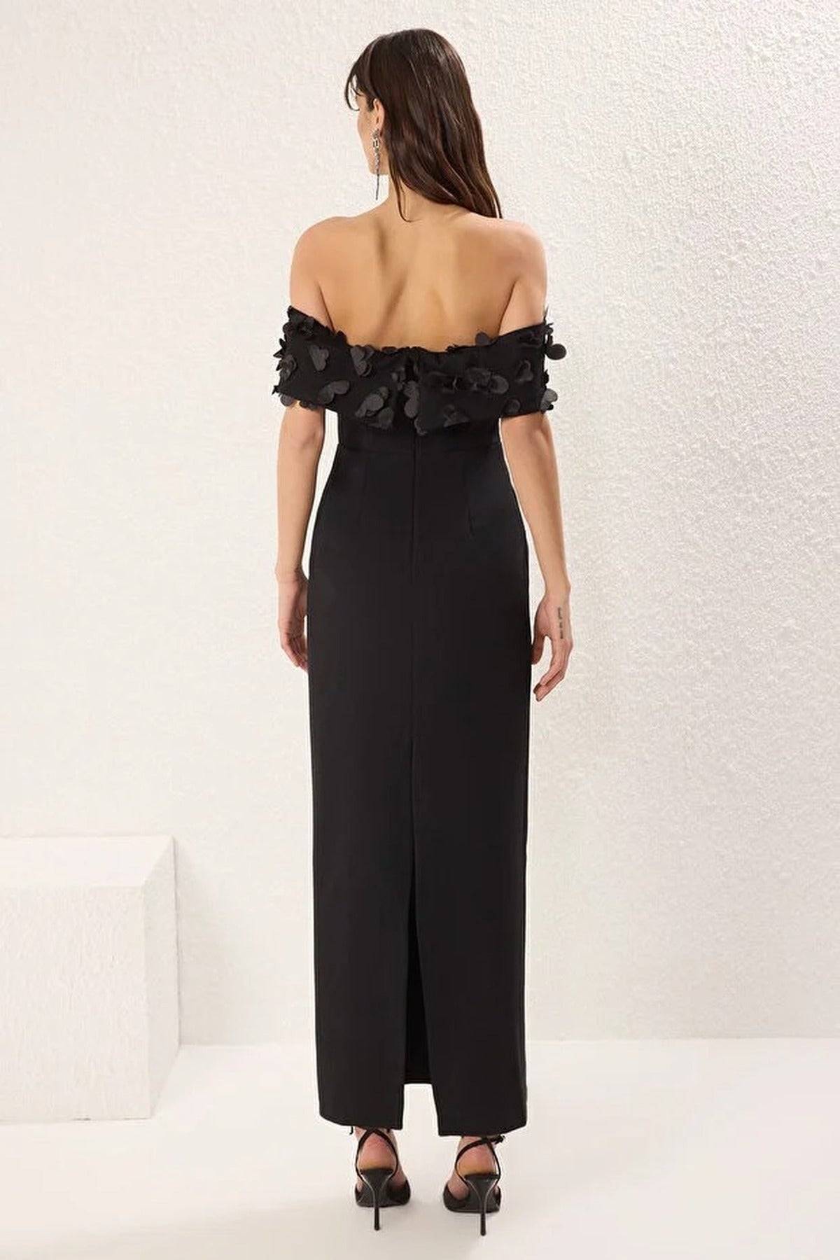 Carmen Collar Woven Long Dress with Floral Applique Detail