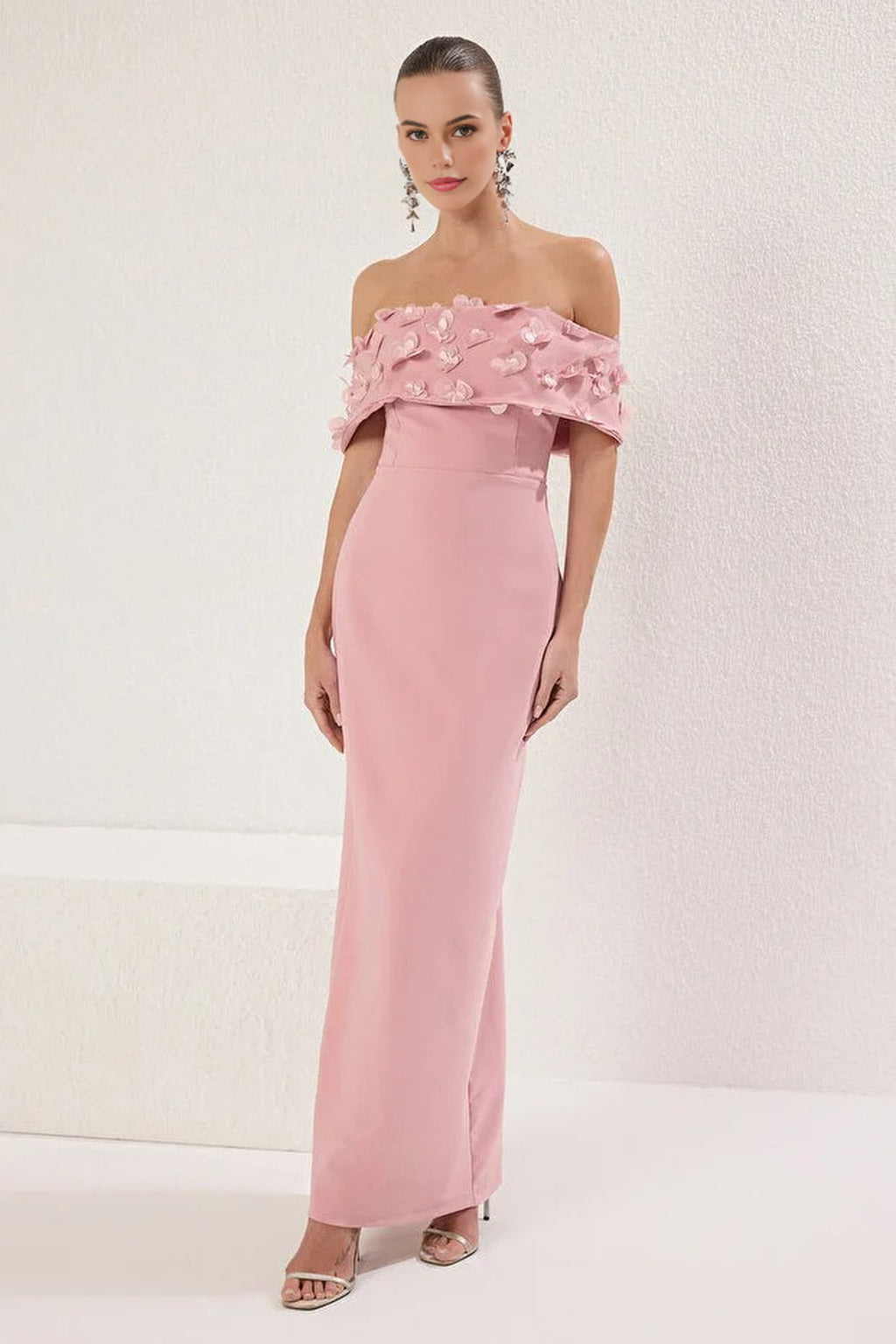 Carmen Collar Woven Long Dress with Floral Applique Detail