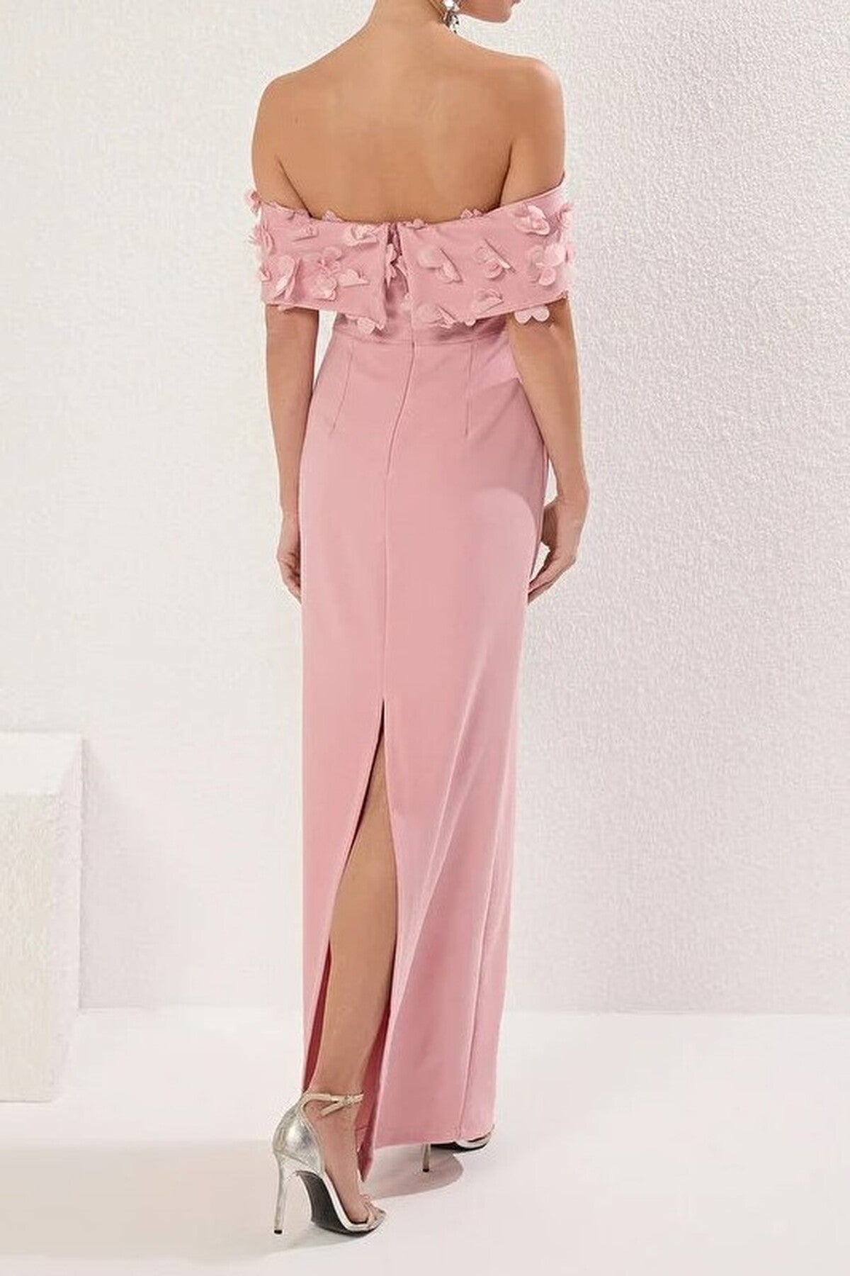 Carmen Collar Woven Long Dress with Floral Applique Detail