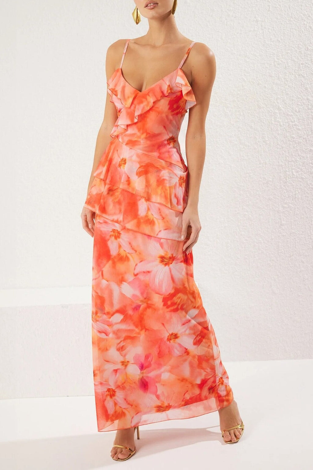 A-Line Floral Ruffled Tulle Knit Long Evening Dress