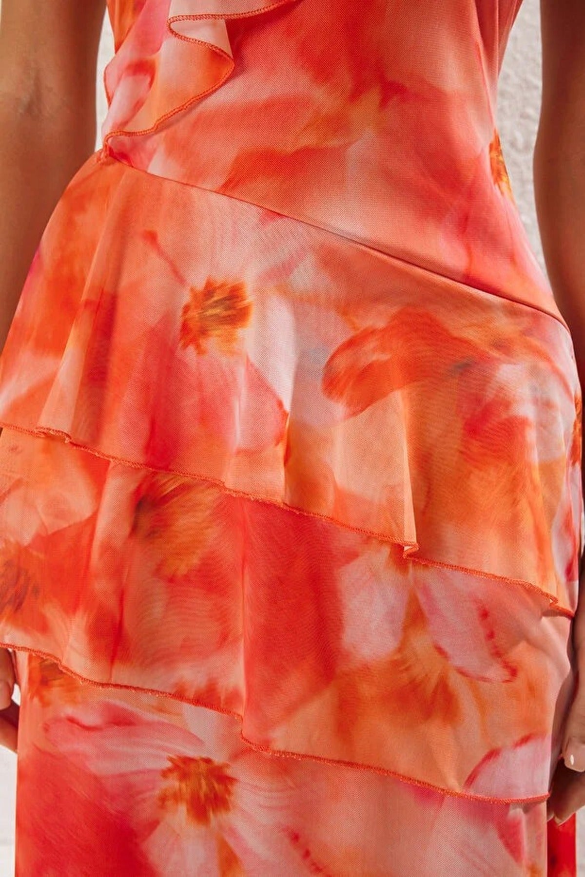 A-Line Floral Ruffled Tulle Knit Long Evening Dress