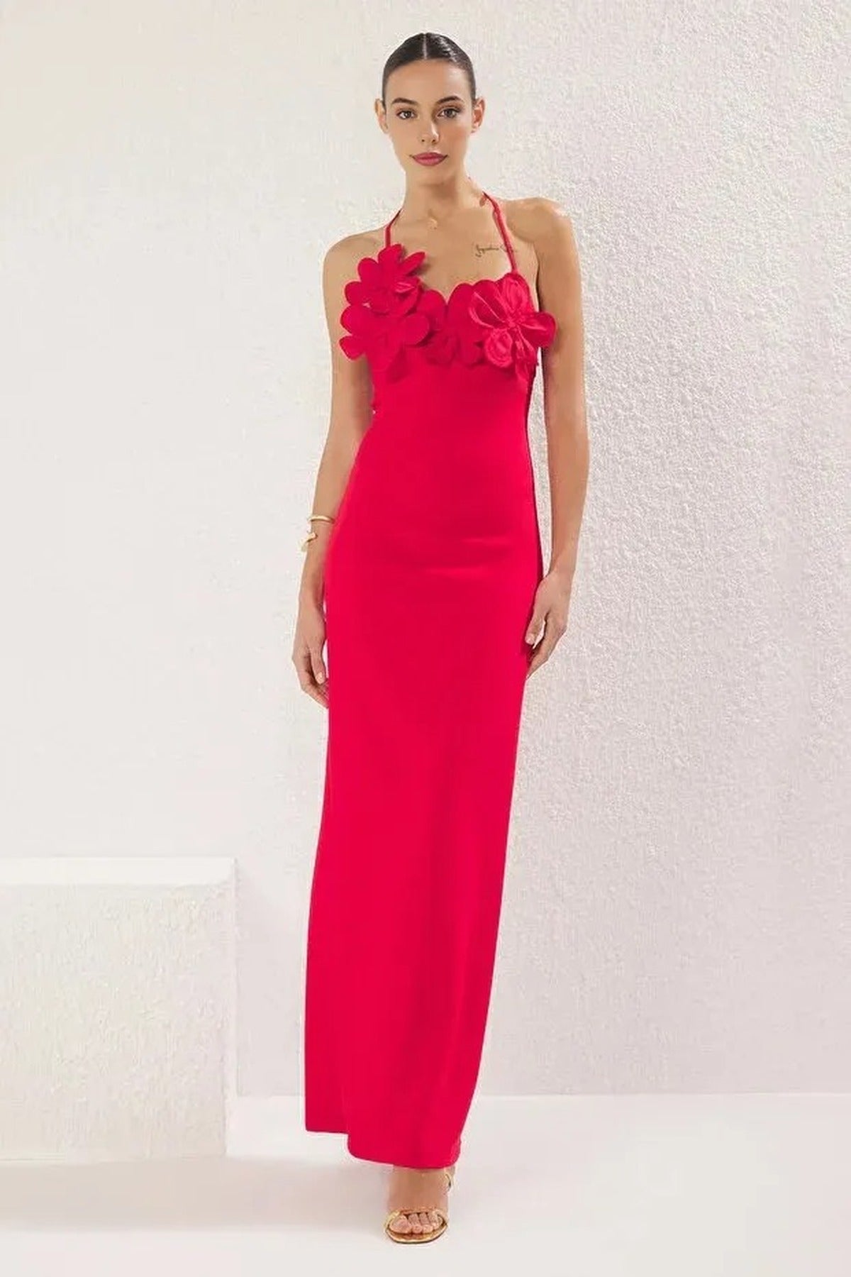 Long Woven Dress with Rose Details