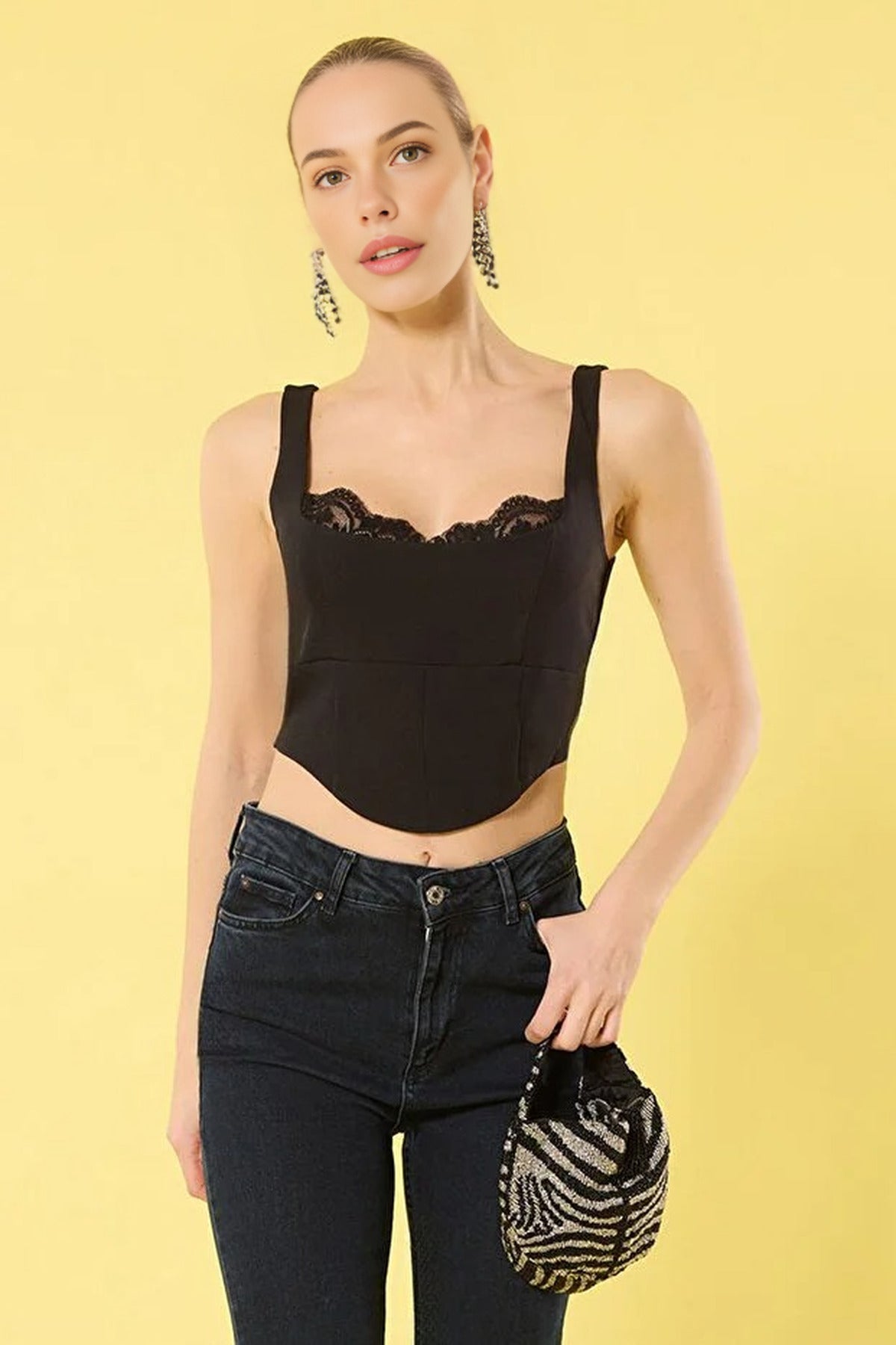 Crop Lace Detail Woven Elegant Bustier