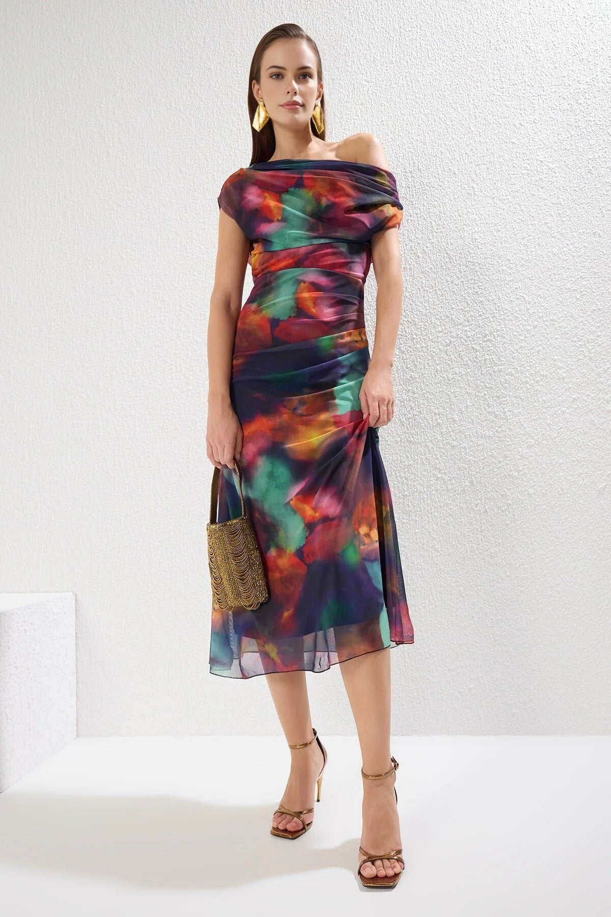 Patterned Lined Tulle Knit Midi Evening Prom Dress