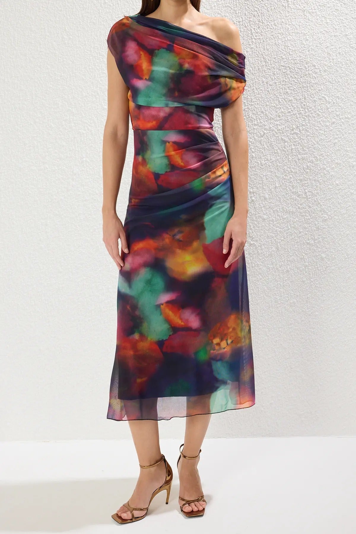 Patterned Lined Tulle Knit Midi Evening Prom Dress