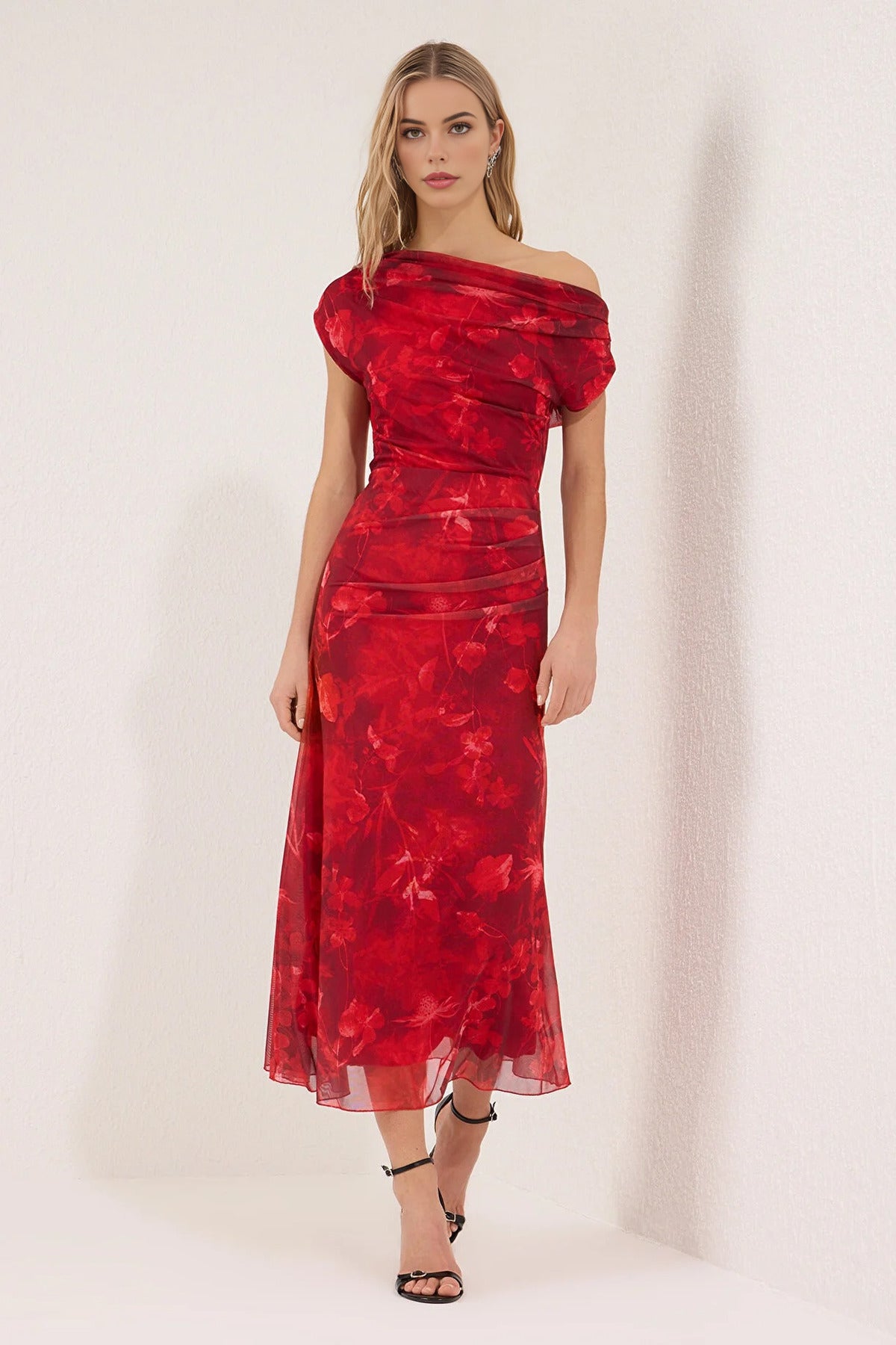 Patterned Lined Tulle Knit Midi Evening Prom Dress