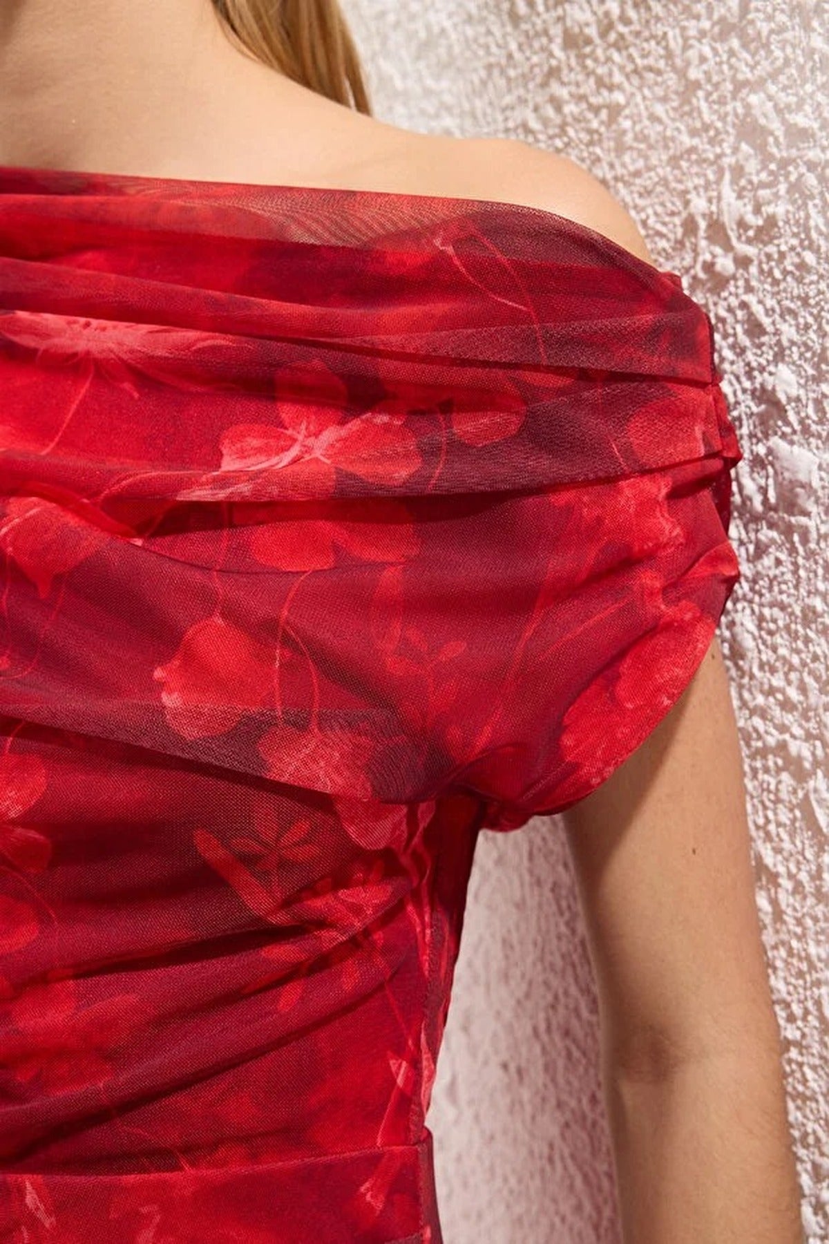 Patterned Lined Tulle Knit Midi Evening Prom Dress