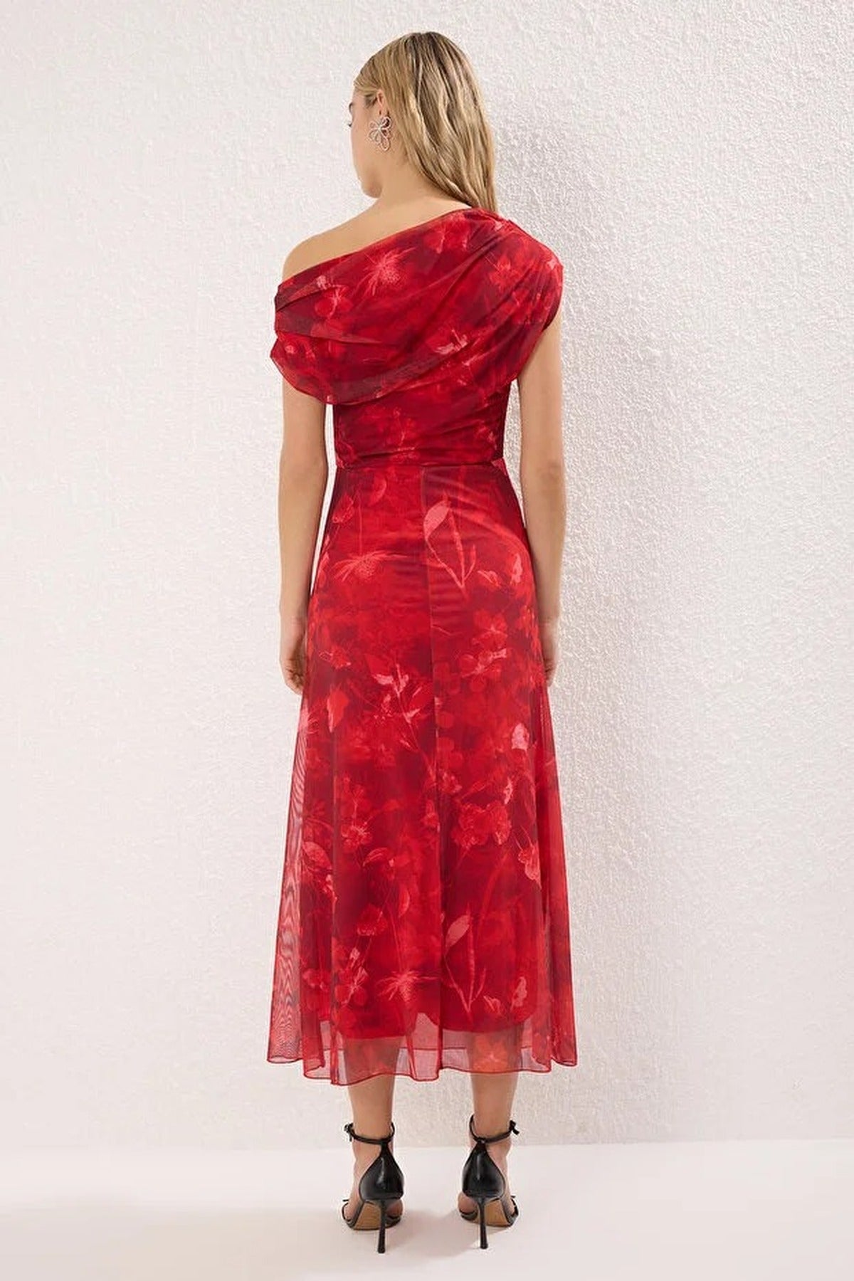 Patterned Lined Tulle Knit Midi Evening Prom Dress