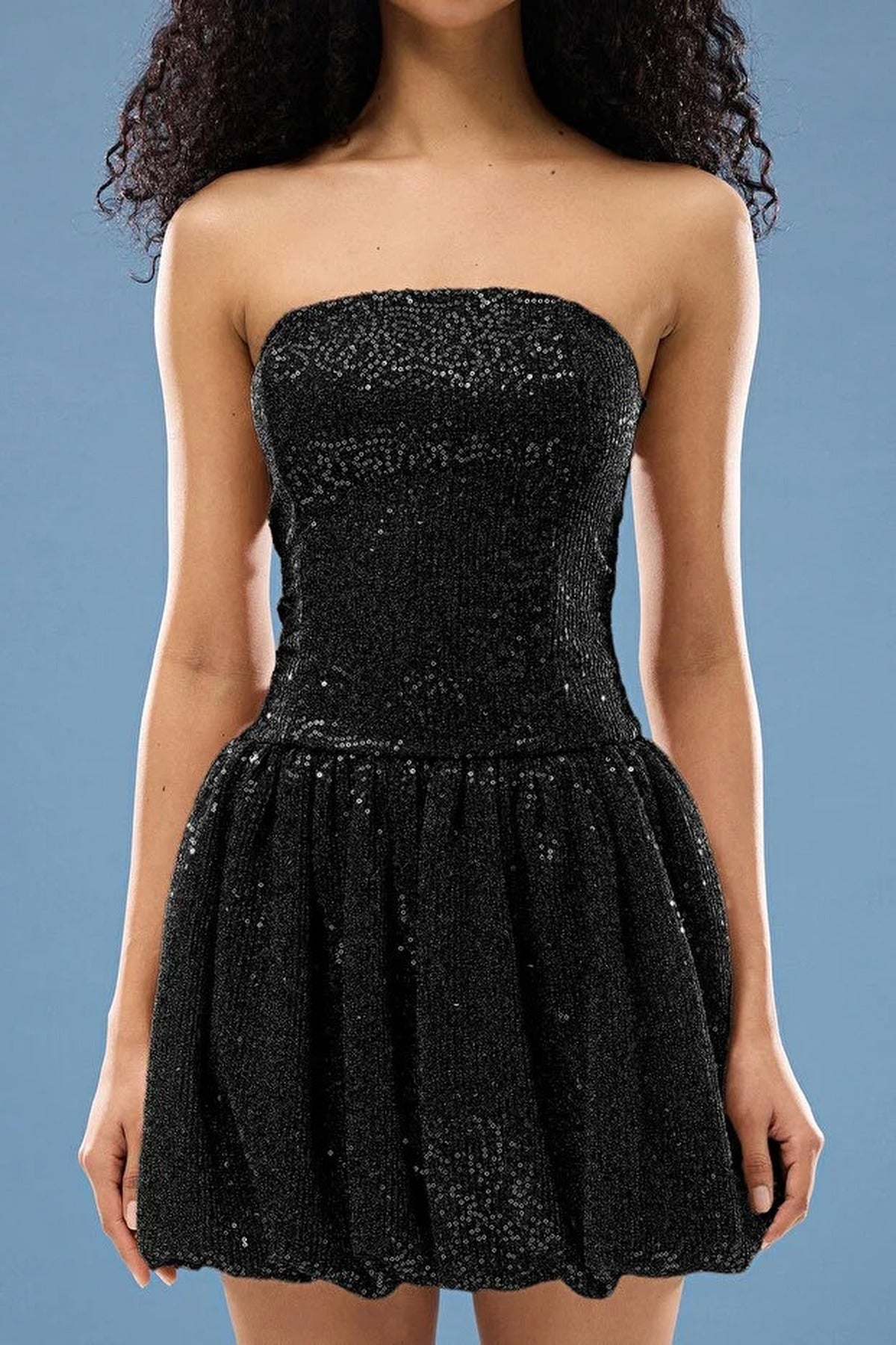 Balloon Skirt Detail Sequin Knit Short Dress