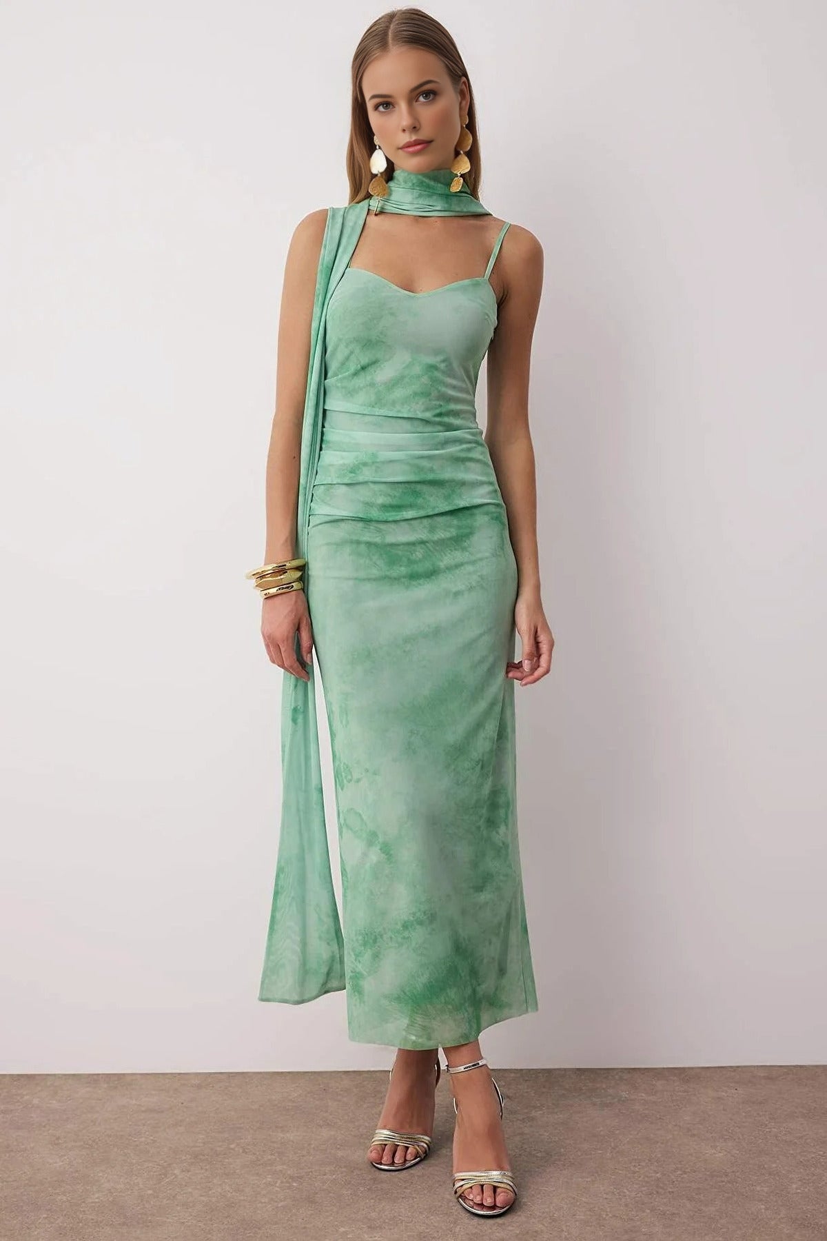 Scarf Detail Tulle Maxi Knit Dress