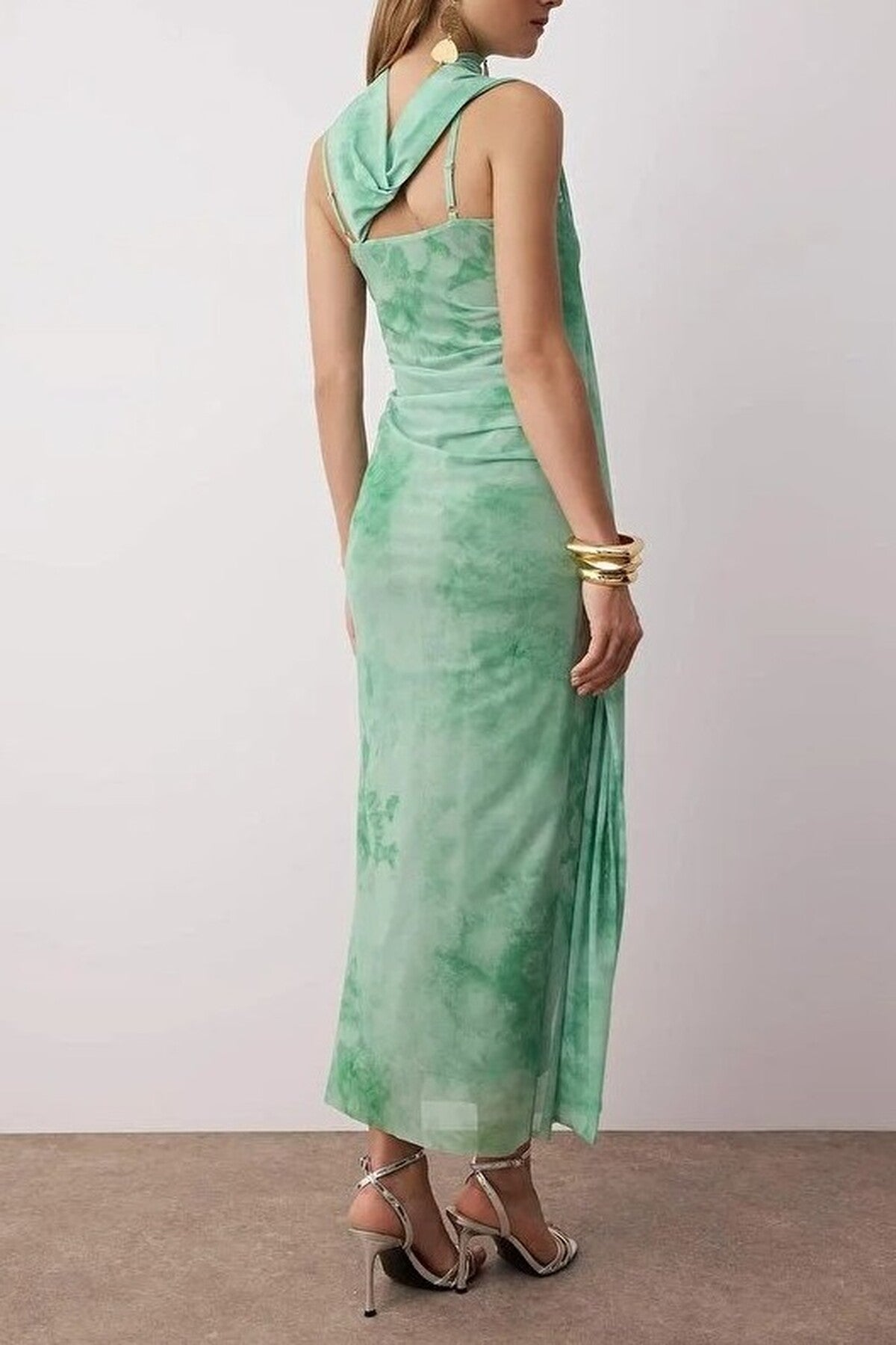 Scarf Detail Tulle Maxi Knit Dress
