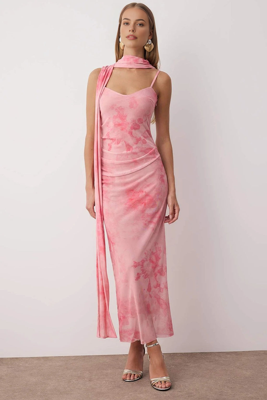 Scarf Detail Tulle Maxi Knit Dress