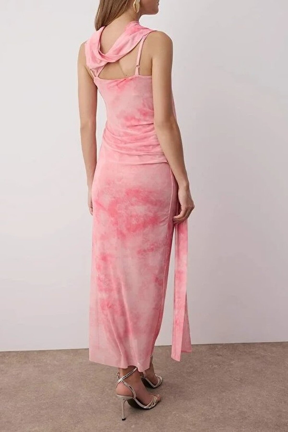 Scarf Detail Tulle Maxi Knit Dress