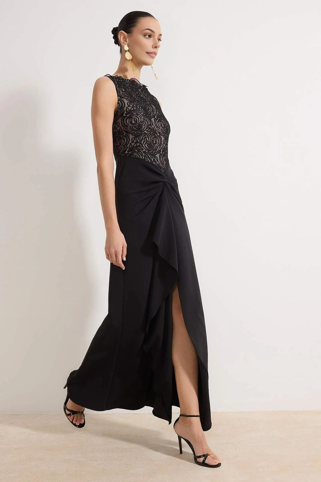 Lace Detail Woven Maxi Evening Dress