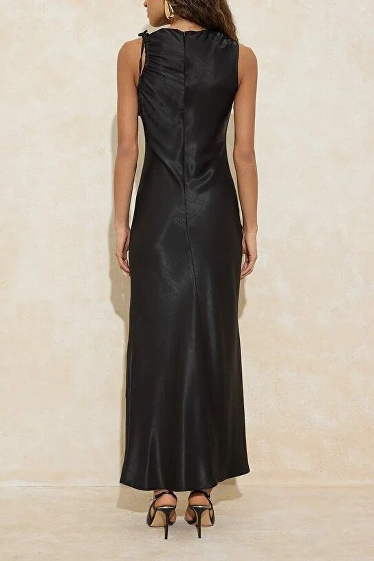 Gathered Detail Woven Satin Maxi Evening Dress