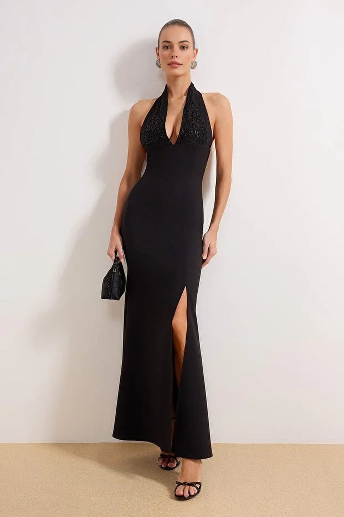 Sequin Detail Woven Maxi Evening Dress