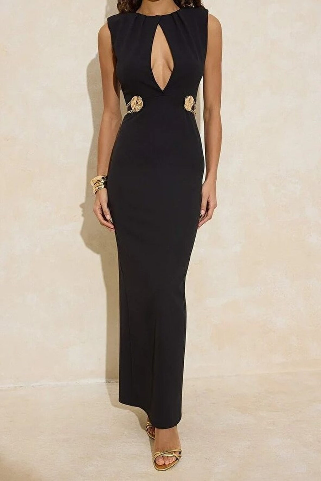 Cut Out Maxi Evening Dress with Accessory Details