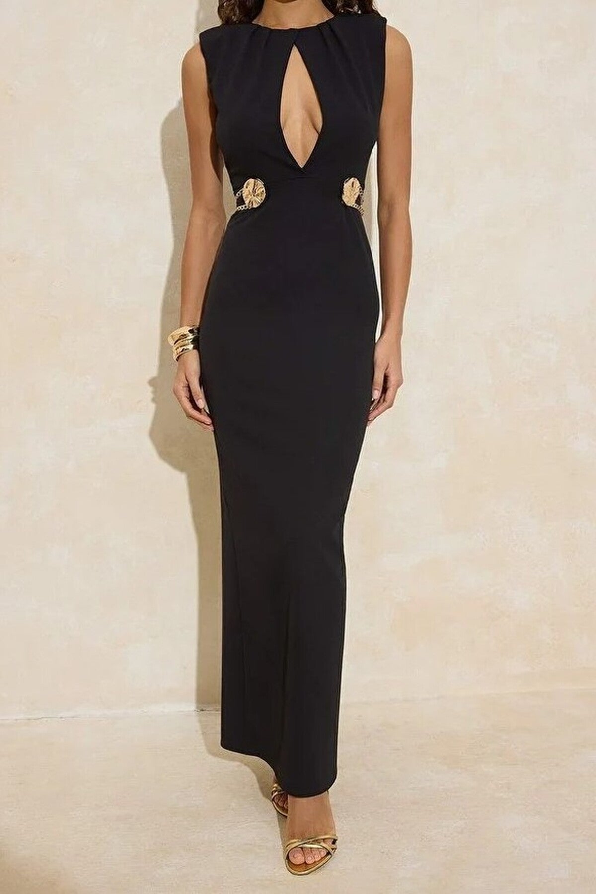 Cut Out Maxi Evening Dress with Accessory Details