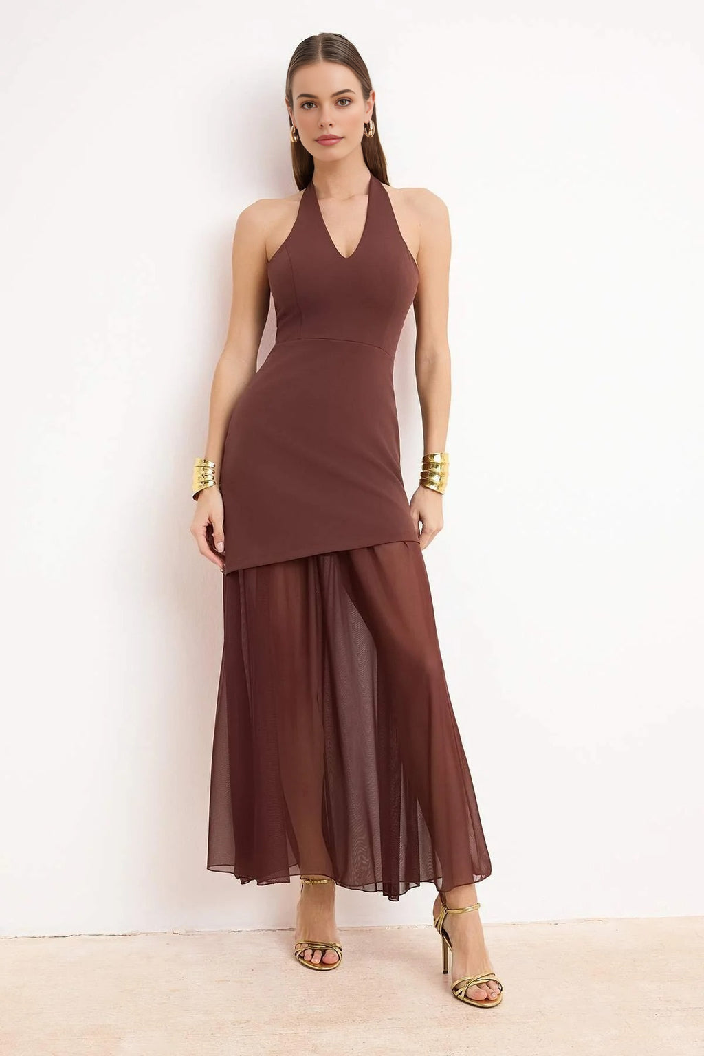 Tulle Detail Maxi Evening Dress