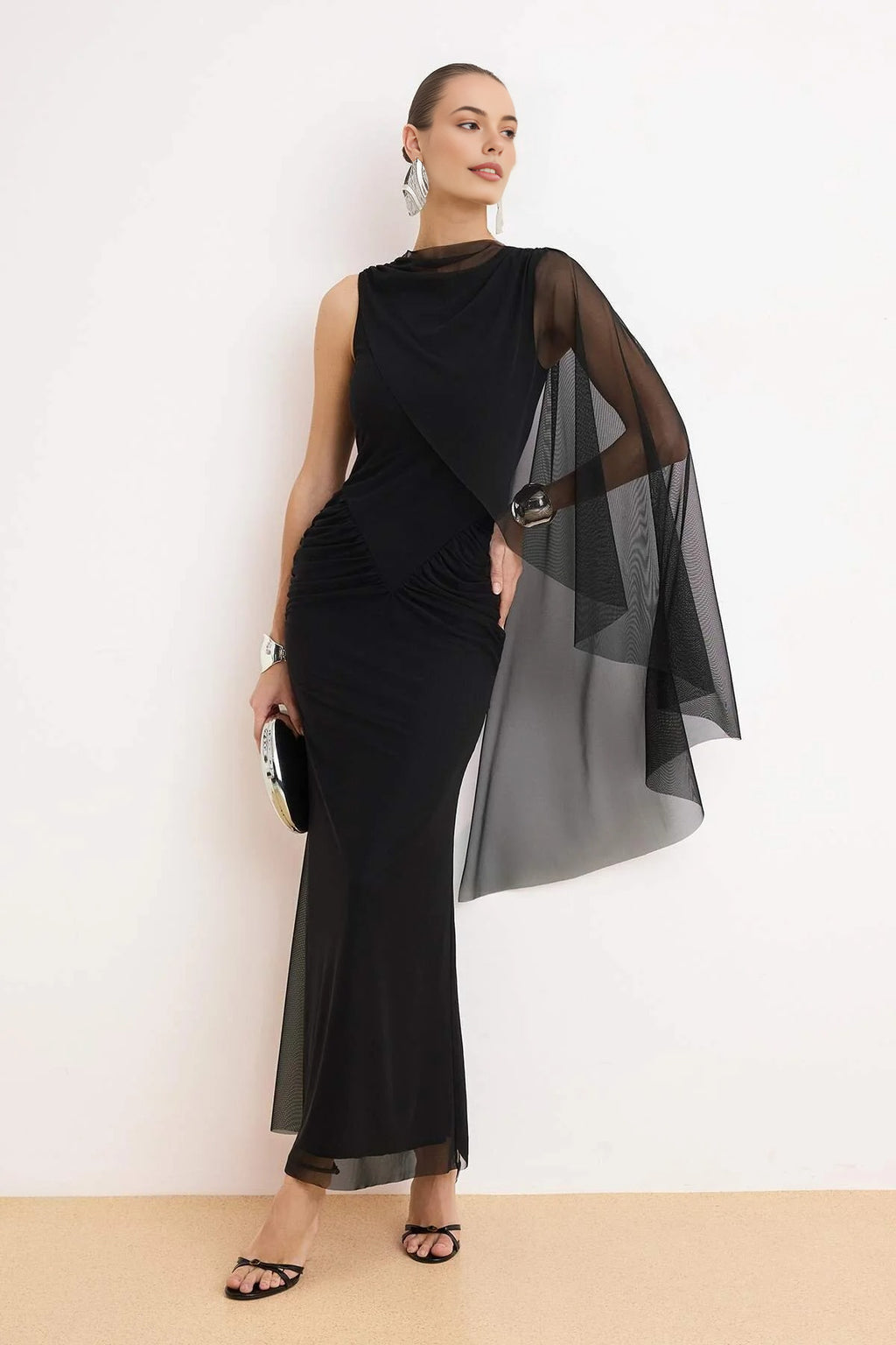Pelerin Detailed Tulle Lined Maxi Evening Dress