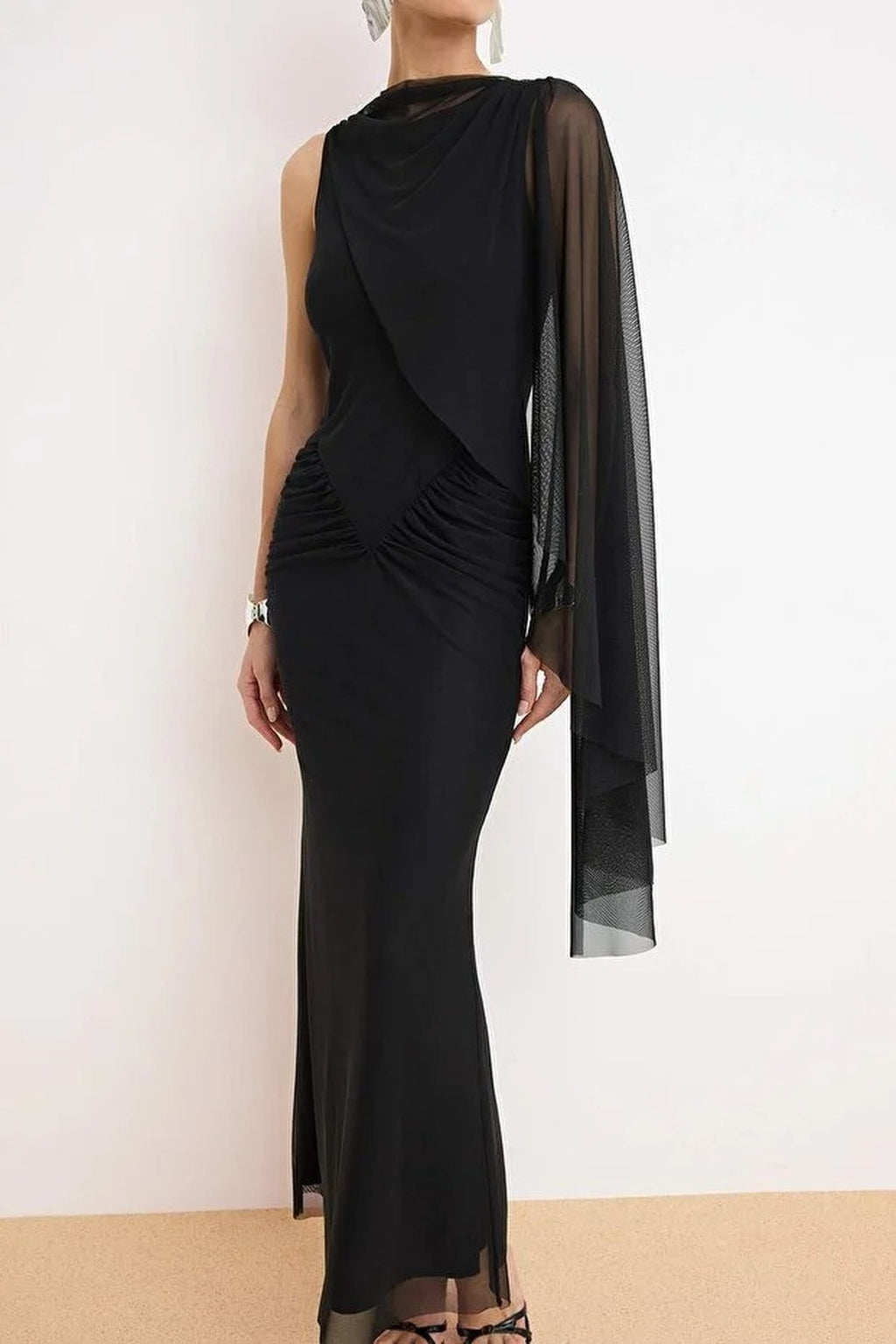 Pelerin Detailed Tulle Lined Maxi Evening Dress
