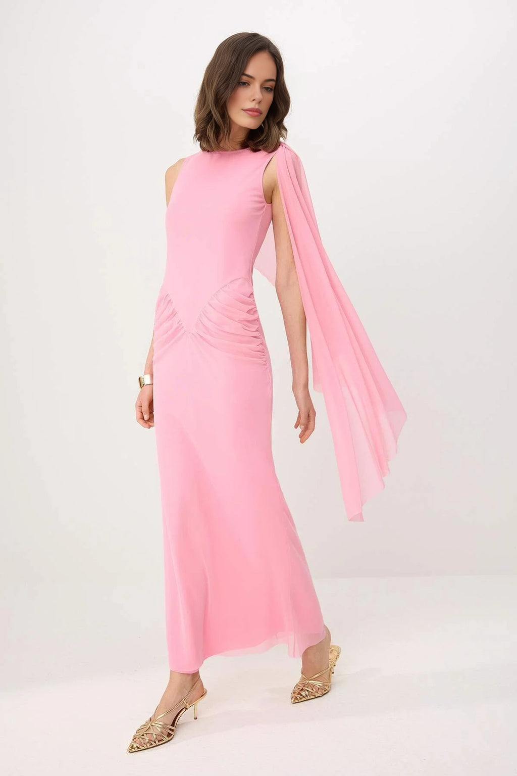 Pelerin Detailed Tulle Lined Maxi Evening Dress