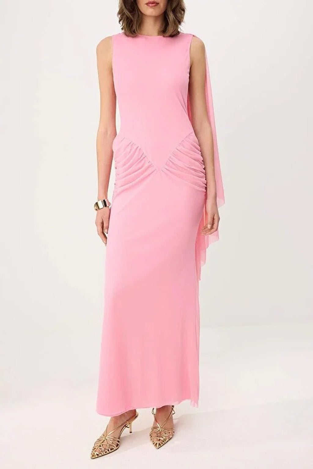 Pelerin Detailed Tulle Lined Maxi Evening Dress