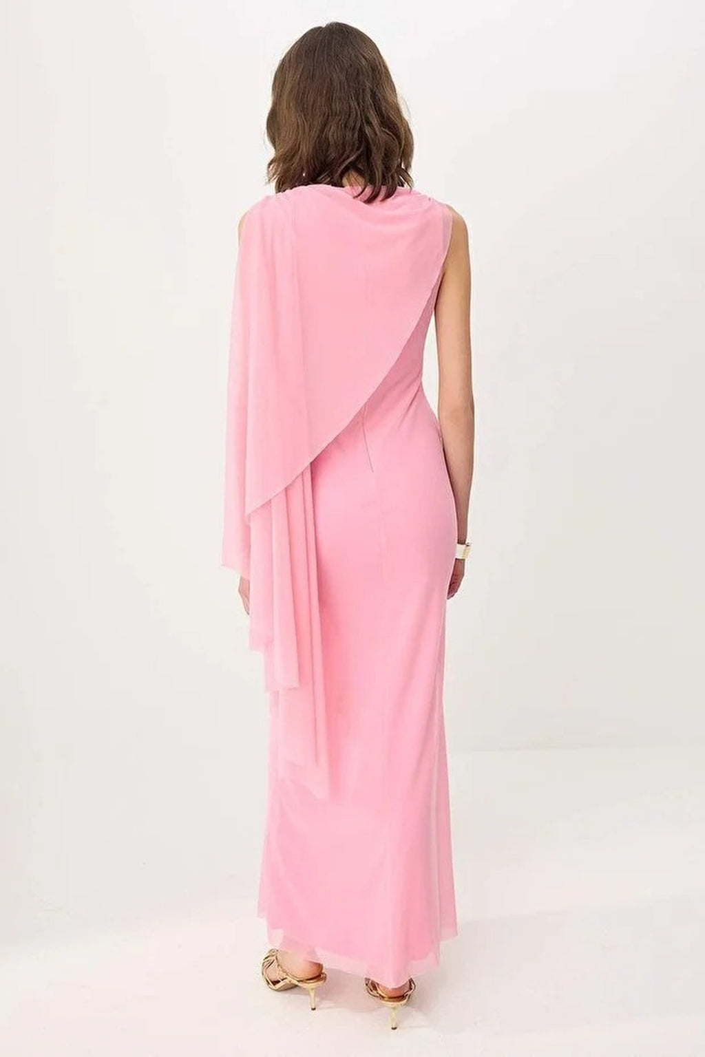Pelerin Detailed Tulle Lined Maxi Evening Dress