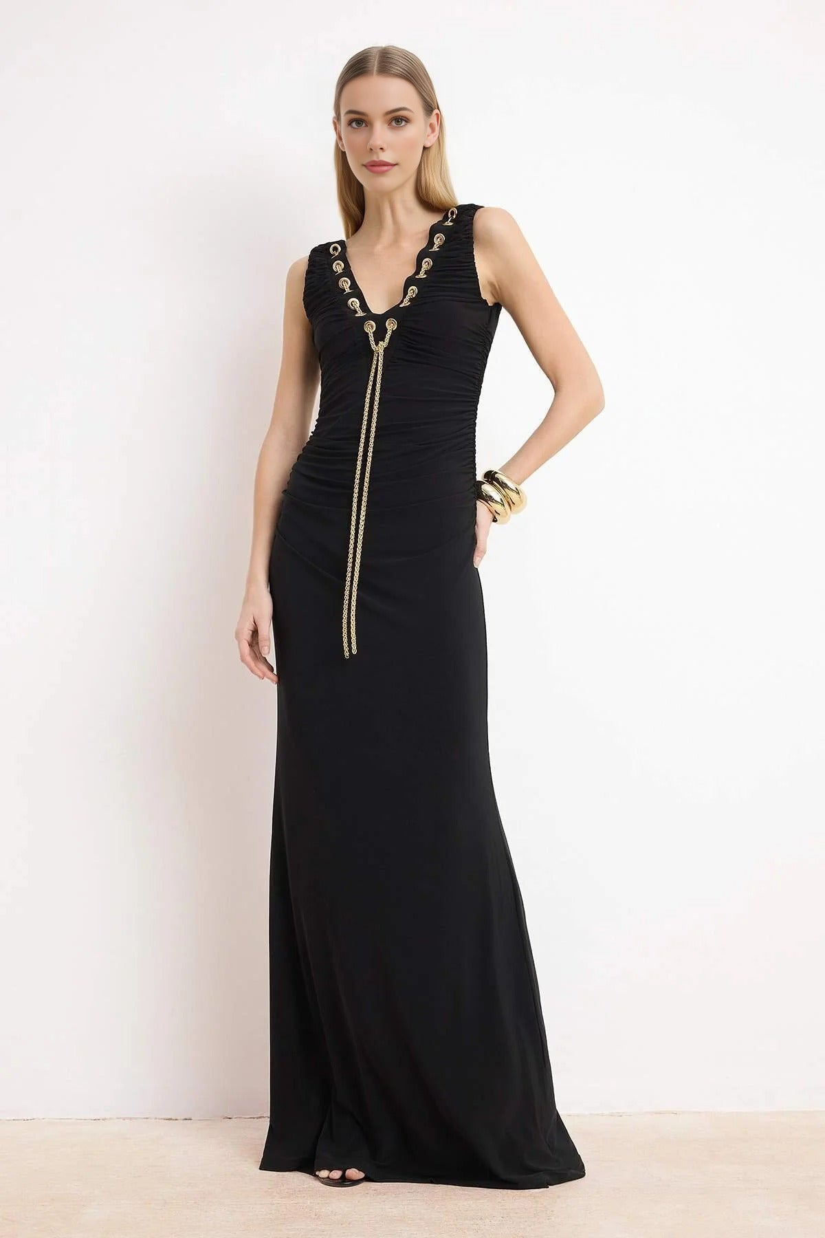 Accessory Detailed Knitted Maxi Evening Dress