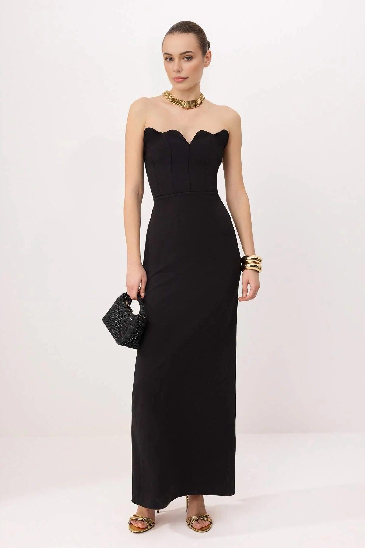Strapless Woven Finike Maxi Evening Dress