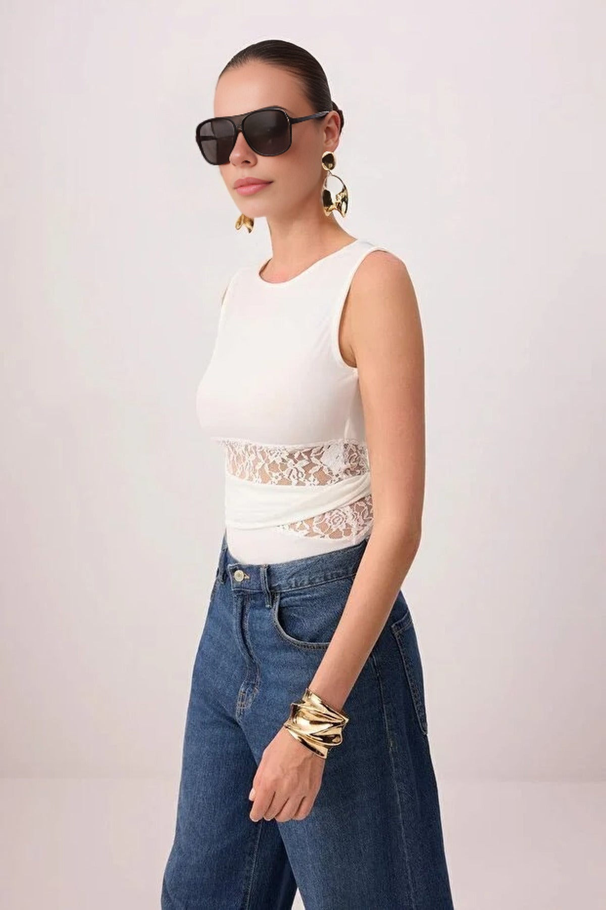 Lace Detail Transparent Knitted Bodysuit